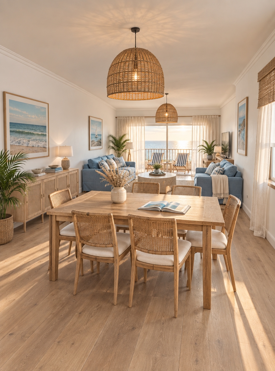 An incredibly lifelike, richly detailed, photorealistic wide-angle interior photograph of an airy coastal dining and living space set in a sun-drenched seaside apartment. The scene is illuminated by soft, golden late-afternoon sunlight streaming through expansive balcony doors, creating a fresh, serene, and sun-kissed atmosphere. Captured with a professional full-frame camera and a 24mm f/2.8 lens, emphasizing the organic textures of woven wicker, bleached timber, and crisp linen fabrics.

The reimagined interior sheds the cluttered, dated finishes in favor of an open, breezy coastal aesthetic defined by a palette of sea-glass blue, warm sandy neutrals, and crisp white. In place of the heavy terracotta tiles, pale wide-plank oak floors expand the visual footprint, leading the eye naturally toward the sunlit balcony. At the center of the dining area, a handcrafted natural wood table is surrounded by woven cane and light oak dining chairs with off-white cushions, topped simply with an open coastal photography book and a minimalist ceramic vase of dried coastal grasses. The dark track lights are traded for sculptural woven rattan pendant fixtures that cast a warm, patterned glow. Beyond the dining zone, the lounge area is revitalized with plush, slipcovered sofas in ocean blue and neutral tones, accented by striped nautical pillows, a round whitewashed coffee table, and an organic jute rug. Large-scale seascape wall art adorns the chalk-white walls, while lush potted palms and sheer, billowing linen drapes frame an open, unobstructed view of the shimmering water outside.