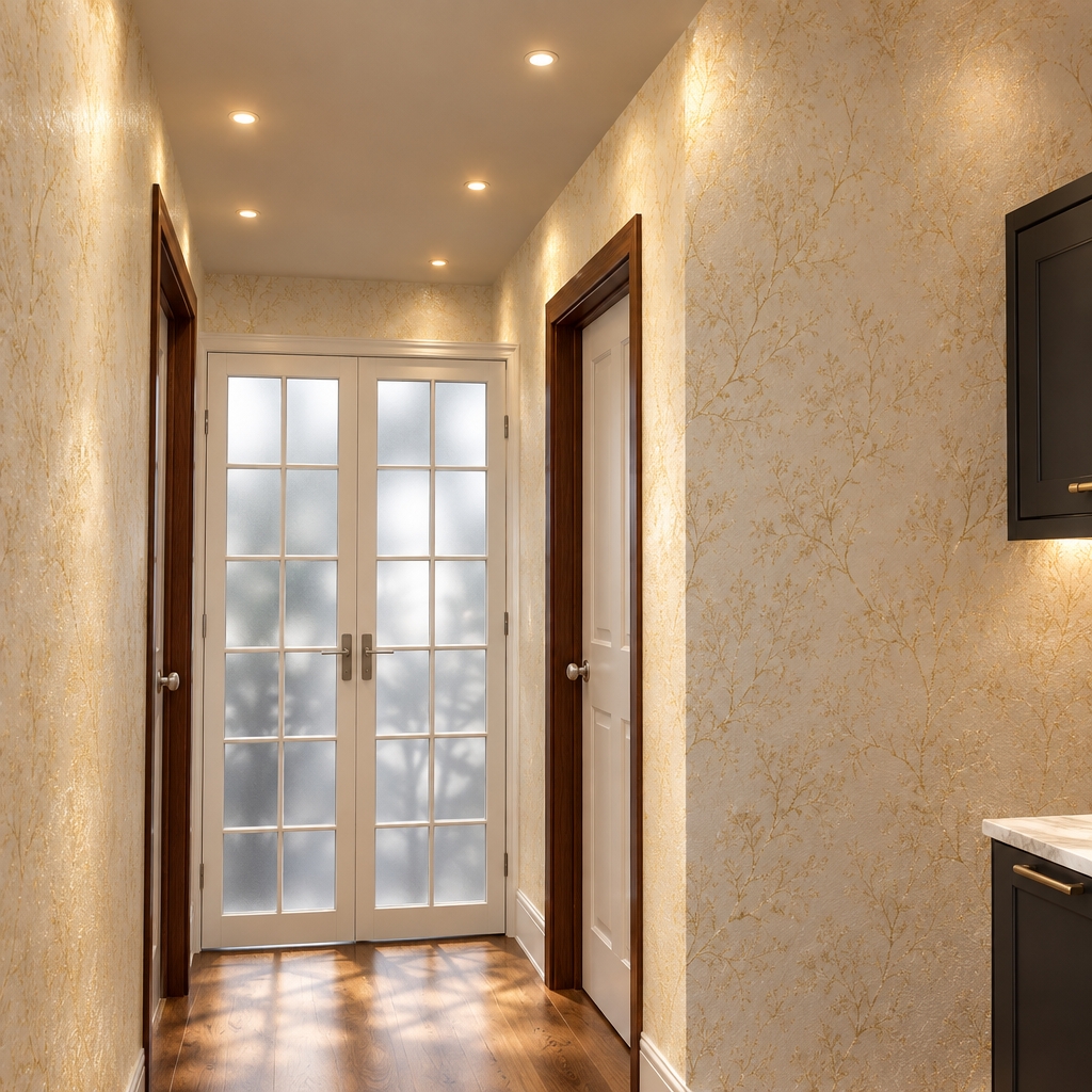 An incredibly lifelike, richly detailed, photorealistic wide-angle shot of a cozy mountain retreat interior, set in a serene, snow-dusted forest environment. The scene is illuminated by soft, recessed warm LED ceiling lighting that creates a gentle, ambient glow against the walls, fostering a tranquil and sophisticated atmosphere. Captured with a 35mm lens, the focus emphasizes the luxurious interplay of textures, featuring elegant gold-infused white wallpaper with a subtle, shimmering metallic sheen. 

To the left, a set of floor-to-ceiling French doors with frosted, semi-opaque glass panels provides a graceful partition, casting soft, diffused shadows across the polished floorboards. Beside it, a classic solid-core door stands in a rich, dark mahogany frame, contrasting beautifully with the light-filled, airy aesthetic of the space. To the right, a glimpse of a modern kitchen features charcoal-toned cabinetry with sleek hardware, grounding the room with a sense of contemporary mountain elegance. The perspective draws the eye through the transitional space, highlighting the depth and refined material palette that defines this peaceful, high-end mountain escape.