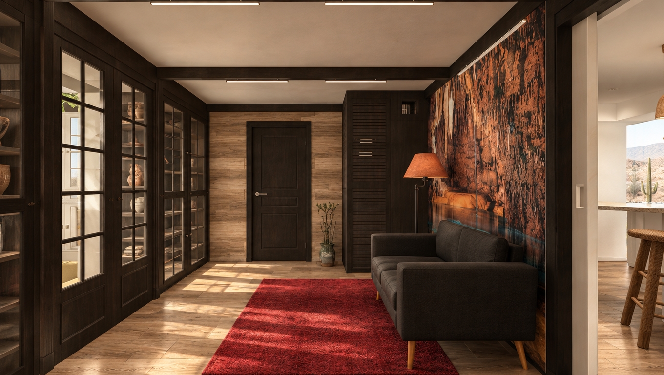 An incredibly lifelike, richly detailed, photorealistic interior shot of a sophisticated living room retreat set in a sun-drenched, tranquil desert landscape. The scene is illuminated by soft, natural light filtering in, creating a warm, Southwestern atmosphere that highlights the interplay between the dark, refined cabinetry and the tactile, earth-toned surfaces. Captured with a 35mm lens, emphasizing the rich grain of the light wood flooring and the plush texture of the vibrant, deep-red area rug, the composition centers on a dark, minimalist sofa placed against a striking, large-scale wall mural depicting a rugged desert canyon. The space is curated with pared-down surfaces and rustic wooden accents, including a delicate potted succulent near the dark, paneled door, while the architectural details—such as the sleek glass-paned cabinets and the subtle glow of the terracotta-toned floor lamp—evoke a sense of arid luxury. The perspective draws the eye through the transition toward an adjacent, airy space, maintaining a seamless balance between the moody, shadow-filled corners and the bright, desert-inspired aesthetic, where every reflection on the polished surfaces suggests a high-end, bespoke interior design project.