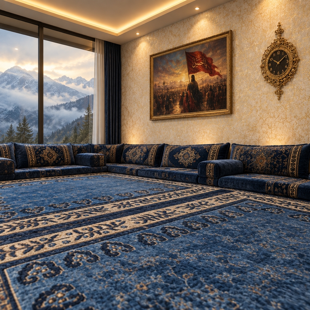 An incredibly lifelike, richly detailed, photorealistic wide-angle shot of a serene mountain retreat living room set in a secluded alpine environment. The scene is illuminated by warm, diffused recessed ceiling lighting, creating a tranquil and contemplative atmosphere. Captured with a 35mm lens, emphasizing the plush textures of a luxurious, hand-woven Persian rug that anchors the space, featuring intricate traditional patterns in deep cobalt blues and ivory.

The walls are finished in a sophisticated white-and-gold textured wallpaper that catches the soft glow of the overhead lights. On the primary wall, a striking, artistically rendered canvas depicting a scene from Ashura serves as a poignant focal point, balanced by an elegant, ornate clock with intricate golden filigree that adds a touch of timeless charm. Surrounding the perimeter of the room, plush, velvet-upholstered Arabic-style floor cushions (musands) offer deep, inviting comfort, creating a perfect sanctuary for rest while framed by large glass panels that reveal a breathtaking, misty mountain vista outside. The perspective creates a sense of profound stillness, highlighting the harmony between rich cultural heritage and a minimalist, high-end interior aesthetic.