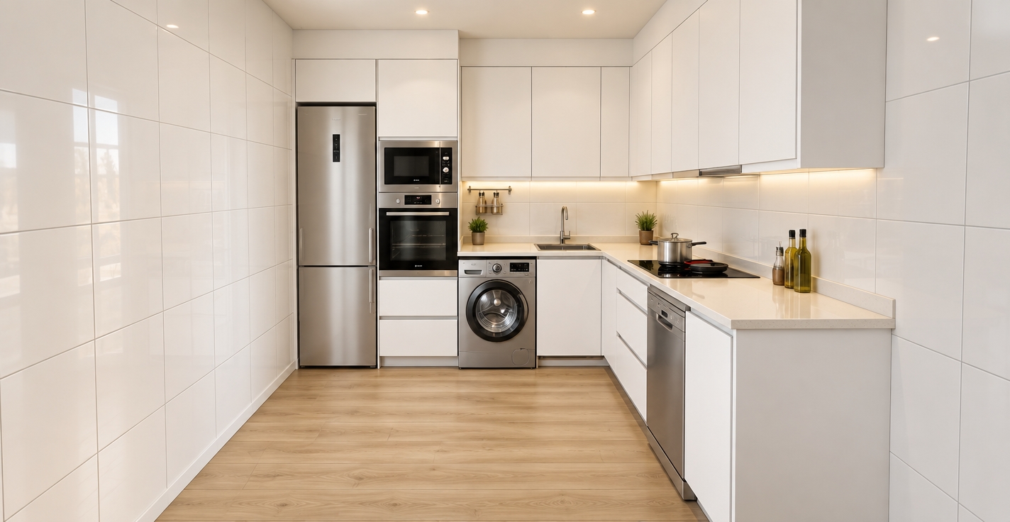 Architectural interior photograph of the exact kitchen layout, featuring realistic matte white cabinetry, natural light wood plank flooring, and glossy white tiled walls. Warm under-cabinet LED strip lighting casts a soft ambient glow across the countertops and backsplash, balanced by subtle ceiling illumination. The stainless steel appliances display authentic brushed textures, specular highlights, and soft reflections. Captured with a sharp wide-angle lens, natural contact shadows, and true-to-life material textures, strictly preserving the original geometry and framing.