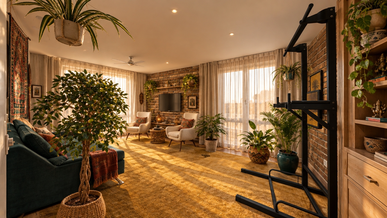 An incredibly lifelike, richly detailed, photorealistic wide-angle interior shot of a bohemian-inspired home gym and lounge set in a sun-drenched, high-ceilinged apartment. The scene is illuminated by soft, diffused golden hour light filtering through sheer floor-to-ceiling drapery, creating a warm, tranquil, and free-spirited atmosphere. Captured with a 24mm wide-angle lens, emphasizing the intricate textures of the exposed rustic brick feature wall, the plush mustard-hued area rug that grounds the space, and the lush, vibrant canopy of diverse indoor greenery ranging from trailing spider plants to a statement braided-trunk ficus. The composition balances modern fitness functionality—represented by a sleek, matte black pull-up station—with an eclectic, layered aesthetic featuring cream-colored mid-century armchairs, a delicate rattan side table, and walls adorned with globally-inspired tapestries and vintage-collected trinkets. Earthy neutrals, deep teal accents, and hints of burnt rust harmonize throughout the room, while the depth of field draws the eye from the foreground foliage into the cozy, inviting lounge area, evoking the polished, curated look of a high-end interior design photography book.