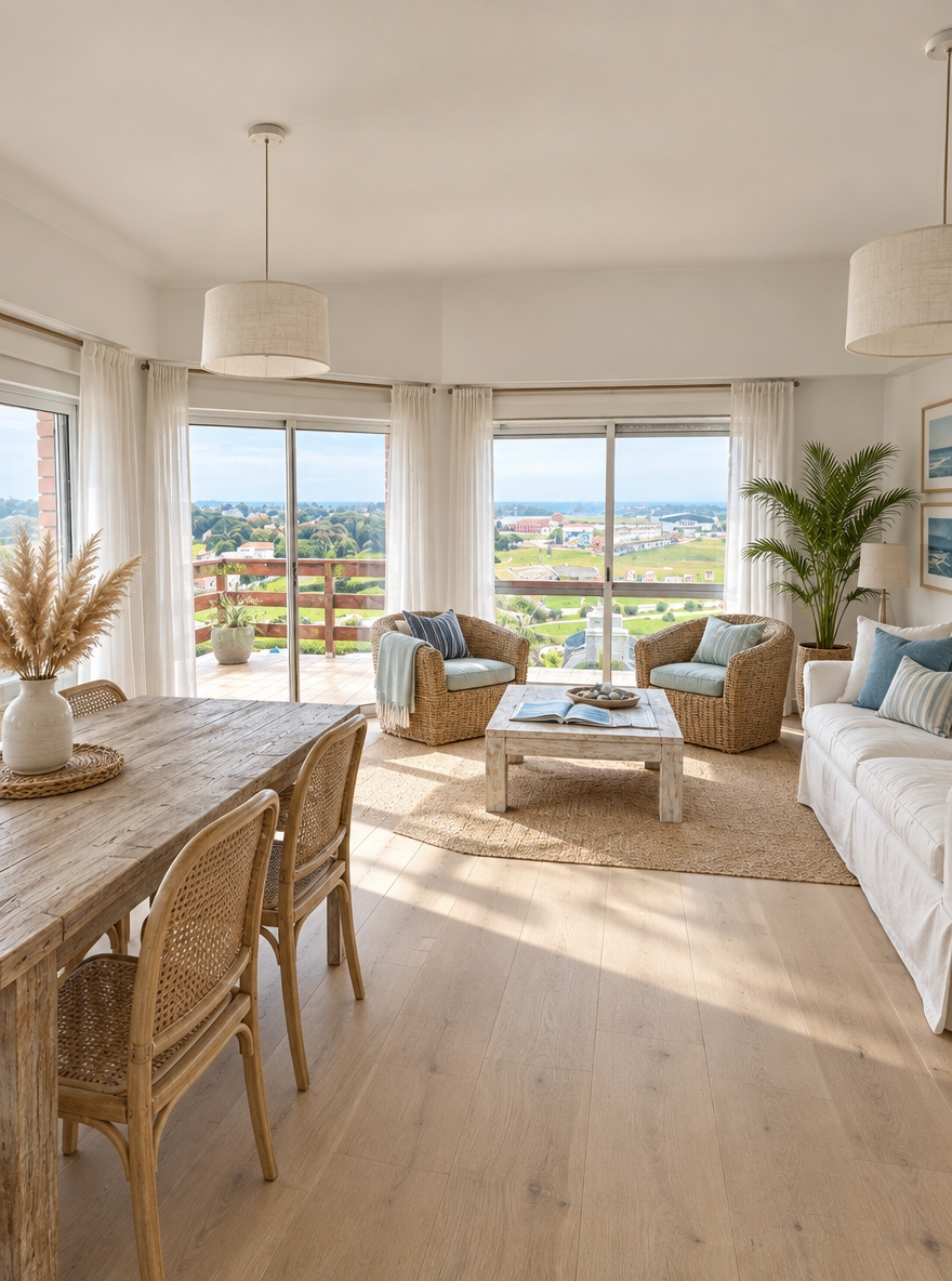 An incredibly lifelike, richly detailed, photorealistic wide-angle shot of a reimagined coastal living and dining room set in a sun-drenched waterfront apartment. The scene is illuminated by abundant natural daylight pouring through expansive floor-to-ceiling glass sliding doors, creating an airy, light, and invigorating coastal atmosphere. Captured with a full-frame camera and an ultra-sharp 24mm lens, emphasizing the tactile grain of bleached oak floors, woven wicker armchairs, crisp linen textures, and sun-bleached finishes. 

The original terracotta tiles are replaced with wide-plank, sandy-neutral white oak that flows seamlessly onto the refreshed balcony overlooking panoramic seaside dunes. At the room's center, a tailored dining table made of reclaimed driftwood is surrounded by light cane-woven chairs, dressed minimally with a ceramic vase of pampas grass. Near the panoramic windows, a relaxed seating vignette features two organic curved wicker lounge chairs, textured nautical cushions in shades of indigo and seafoam, and a low whitewashed coffee table styled with an open ocean photography book and smooth beach pebbles. Along the wall, the clutter is replaced by a relaxed, slipcovered linen sofa in crisp off-white, framed by minimalist framed seascape prints, while breezy sheer linen drapes and vibrant potted palms gently catch the incoming sea breeze to create an effortlessly chic, sun-kissed haven.