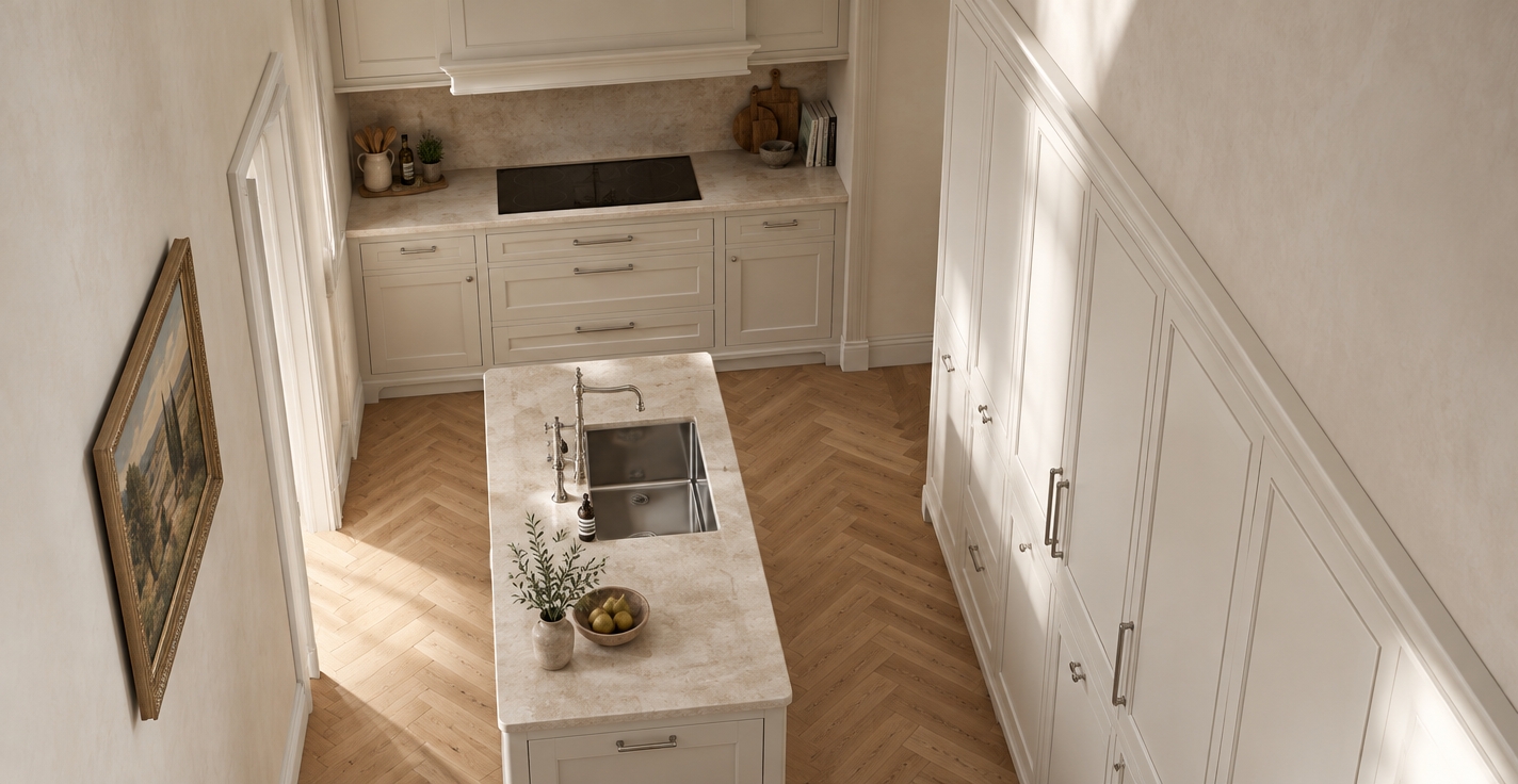An incredibly lifelike, richly detailed, photorealistic high-angle interior shot of a bespoke galley-style kitchen set in a home with refined French country charm. The scene is illuminated by soft, natural morning light filtering from an unseen window, casting gentle highlights across the surfaces and creating a serene, inviting atmosphere. Captured with a 35mm lens to capture the full architectural layout, emphasizing the juxtaposition of modern efficiency and rustic elegance.

The kitchen features custom cabinetry finished in a soft, matte cream-white, exuding the quintessential French country aesthetic. The upper cabinetry reaches toward the ceiling with elegant crown molding, while the lower units are composed of clean-lined, shaker-style drawers and doors with delicate, brushed-nickel hardware that catches the ambient light. The countertops are fashioned from a honed, warm-toned limestone, providing a natural, tactile contrast to the crisp cabinetry.

At the heart of the workspace, an integrated induction cooktop sits flush with the stone counter, while the compact prep island features a recessed, undermounted stainless steel sink with a classic high-arc bridge faucet. The floor is laid in beautiful, light oak herringbone parquet, its warm, honeyed tones grounding the space and adding a layer of sophisticated texture. 

To the right, a floor-to-ceiling pantry wall provides a striking vertical element, with integrated cabinetry that maintains the room's streamlined profile. The walls are finished in a subtle, off-white lime wash, offering a soft, chalky texture that enhances the overall rustic yet polished character. Subtle reflections are visible on the stainless steel sink and the cooktop glass, suggesting a meticulous attention to material detail. The composition is perfectly balanced, highlighting the ergonomic workflow of the galley arrangement, while the depth of field is kept deep to ensure every texture—from the grain of the oak flooring to the subtle veining in the limestone—is rendered with breathtaking clarity.