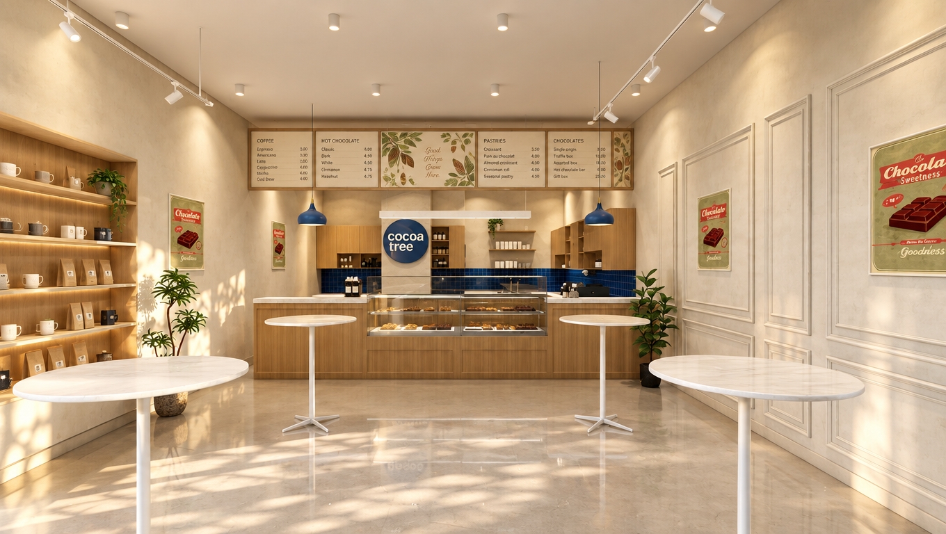 An incredibly lifelike, richly detailed, photorealistic interior perspective of a boutique "Cocoa Tree" café set in a bright, sun-drenched urban storefront. The scene is illuminated by soft, diffused midday light streaming through the storefront, creating an airy, welcoming, and serene atmosphere. Captured with a 35mm wide-angle lens, emphasizing the clean, minimalist lines and the warm, organic textures of the space.

The interior showcases a refined mid-century modern aesthetic, defined by an uncluttered, functional layout that prioritizes comfort and timeless simplicity. The central service counter is crafted from fine light-grained teak, paired with a striking deep-blue tiled backsplash that provides a sophisticated pop of color against the muted, earth-toned plaster walls. Sleek, minimalist bistro tables with thin white pedestals are arranged with purposeful symmetry, while subtle wall moldings add a layer of classic character. The space is softened by carefully placed indoor greenery that breathes life into the room. Every surface is pristine, with the focus on the balanced geometry of the shelves and the harmonious blend of wood, stone, and soft lighting, resulting in a perfectly composed, elegant sanctuary for coffee and chocolate lovers.