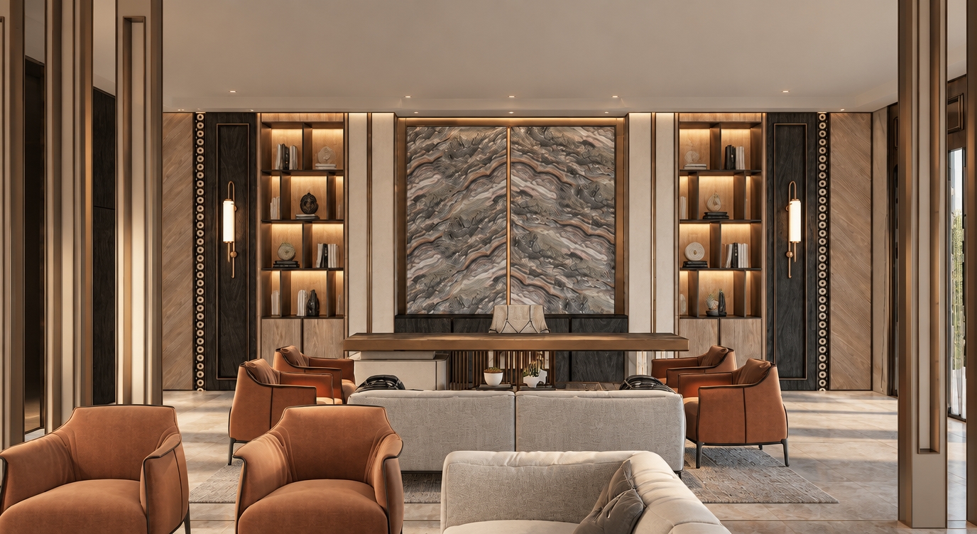 The photo presents a sophisticated and meticulously designed interior, capturing an elegant office space that doubles as a minimalist haven. The architectural style leans towards contemporary luxury, characterized by clean lines, rich natural materials, and a harmonious color palette. The focal point is a grand feature wall, centrally anchored by two impressive book-matched panels of dark, richly veined marble, displaying captivating patterns of grey, brown, and subtle reddish hues, all framed in a subtle metallic trim. This dramatic element is flanked by symmetrical, built-in shelving units in a warm, light-toned wood, creating an organized and inviting display. On either side, dark textured panels adorned with linear decorative studs and elegant, minimalist wall sconces with elongated, frosted diffusers provide a gentle, atmospheric glow. A long, sleek wooden desk dominates the central foreground, subtly dividing the space, with a light grey, upholstered sofa positioned behind it, creating an intimate lounge area. Several plush, burnt-orange leather armchairs are strategically placed throughout the room, offering comfortable seating arrangements for guests or informal meetings, enhancing the sense of a sophisticated lounge. Vertical wooden slats frame the periphery, adding a sense of architectural rhythm and delineating the expansive, muted grey flooring. The composition exudes balance and tranquility, with thoughtful symmetry in the wall design and furniture placement, establishing an atmosphere of refined professionalism and serene calm, making it an ideal minimalist haven for productivity and contemplation.