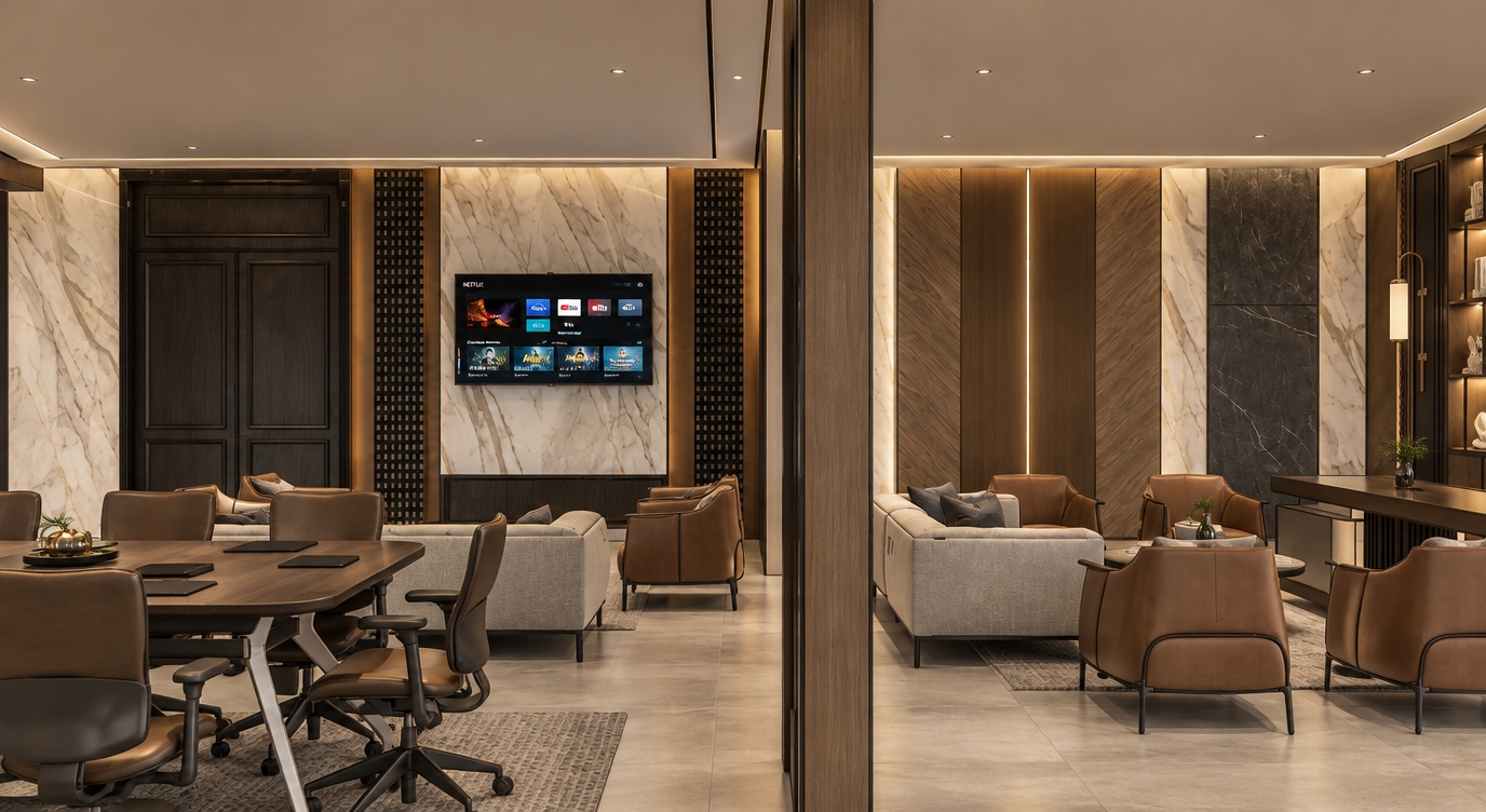 The photo captures a sophisticated, minimalist haven within a contemporary office setting, divided into two distinct but visually harmonious zones. On the left, a professional meeting area features a sleek, dark wood conference table surrounded by ergonomic brown and grey office chairs, all resting on a patterned grey rug. The wall behind is a striking composition of light marble-patterned panels flanking a dark, paneled door, with a textured dark grey panel accent to the right, where a large flat-screen television displays various app icons, suggesting modern connectivity. To the right, a comfortable lounge area beckons with plush light grey sofas and inviting terracotta-hued armchairs, complete with small, dark coffee tables, creating an ideal space for informal discussions or relaxation. This lounge is adorned with vertical wall panels in varying textures and tones, including warm wood grains, more marble, and a dark, vertically grooved section, some accented with subtle gold lines that add a touch of understated luxury. A tall, dark shelving unit with a unique vertical pendant light fixture anchors the far right, providing both storage and soft illumination. The entire space is grounded by a consistent light grey tiled floor, contributing to the clean, uncluttered aesthetic. The overall design emphasizes functionality and comfort through a refined selection of materials, textures, and a neutral color palette, creating an atmosphere that is both professional and serenely inviting.