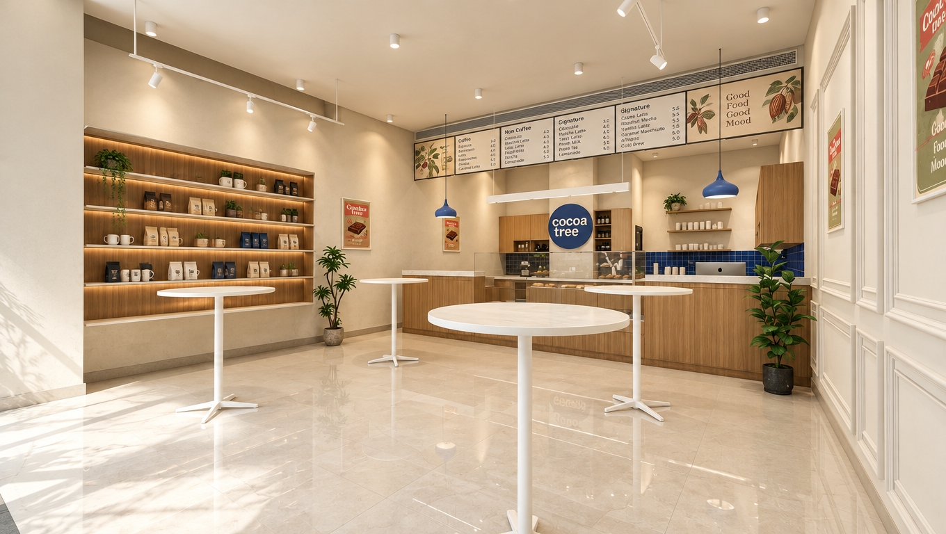 An incredibly lifelike, richly detailed, photorealistic interior shot of a Cocoa Tree coffee shop set in a bright, airy urban space. The scene is illuminated by soft, natural midday light filtering through, creating a welcoming and minimalist atmosphere. Captured with a 24mm wide-angle lens, emphasizing the clean lines and organic textures of the interior. The design leans into a refined mid-century modern aesthetic, featuring sleek teak-toned woodwork, uncluttered surfaces, and an elegant, timeless flow. High-gloss white tile flooring reflects the gentle overhead glow, grounding the space, while strategically placed indoor plants provide vibrant pops of greenery against the neutral, earth-toned backdrop. Muted blue accents appear in the pendant lighting and tiled backsplash, harmonizing with the warm, simple furniture and sophisticated wall paneling. Every detail, from the perfectly aligned menu boards to the minimalist standing tables, contributes to a functional, uncluttered, and iconic environment that feels both professional and invitingly comfortable.