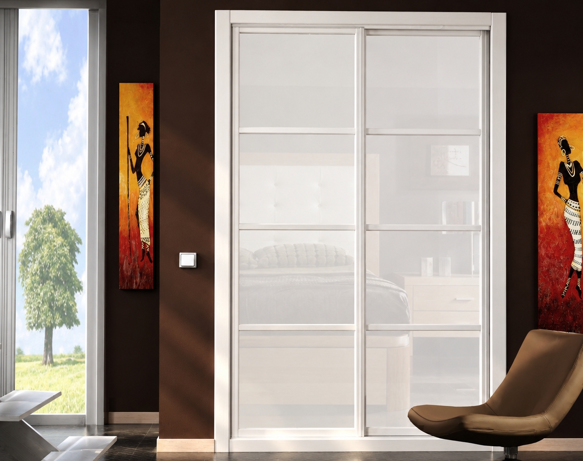 A realistic interior photograph maintaining the exact composition, perspective, and layout, with the light wood door frame and mullions replaced by a smooth, satin white lacquered finish. Soft daylight enters from the adjacent window, creating gentle reflections and crisp highlights along the clean white profile. Translucent glass panels catch subtle ambient glow, while the dark walls, side artwork, and foreground armchair feature authentic physical lighting, delicate contact shadows, and fine textural realism.
