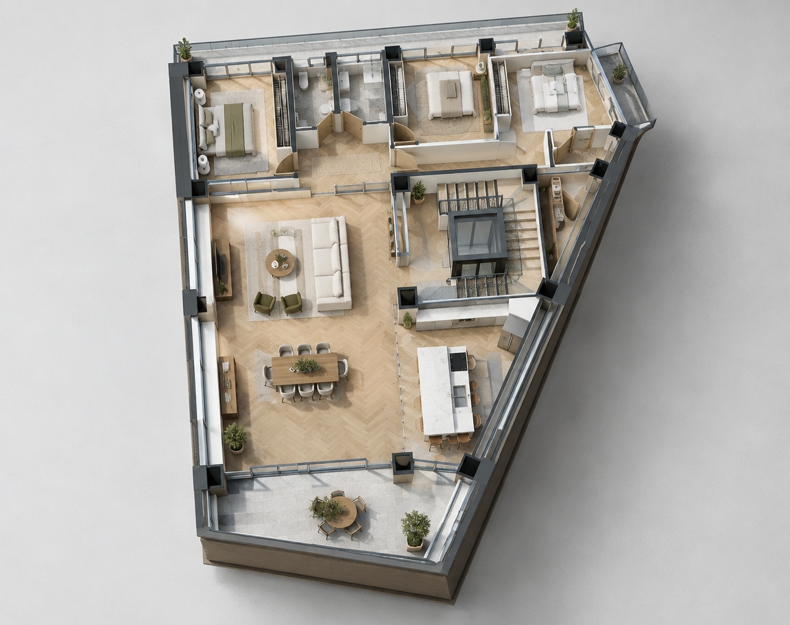 An incredibly lifelike, richly detailed, photorealistic top-down cutaway photograph of an expansive modern apartment home set in a sun-drenched urban residential tower during spring. The scene is illuminated by brilliant, direct midday sunlight streaming freely through expansive glass balcony doors and an airy internal light court, creating a serene, luminous, and uplifting atmosphere. Captured with a high-resolution medium-format camera equipped with a wide tilt-shift architectural lens, emphasizing the warm natural grain of herringbone oak floors, the cool polished surface of quartz countertops, and the contrast of sleek, deep-black structural columns. Within this thoughtfully planned open layout, a spacious living and dining expanse effortlessly transitions into a sunlit south-facing terrace, while the adjoining gourmet kitchen showcases minimalist flat-panel cabinetry and state-of-the-art stainless steel appliances. Anchoring the core, an elegant geometric staircase wraps cleanly around a modern glass-encased elevator shaft, guiding sightlines toward the private quarters—a cluster of serene, sunlit bedrooms appointed with plush organic linens, custom built-in closets, and impeccably detailed stone-tile bathrooms, all capturing the refreshing essence of a modern spring sanctuary.