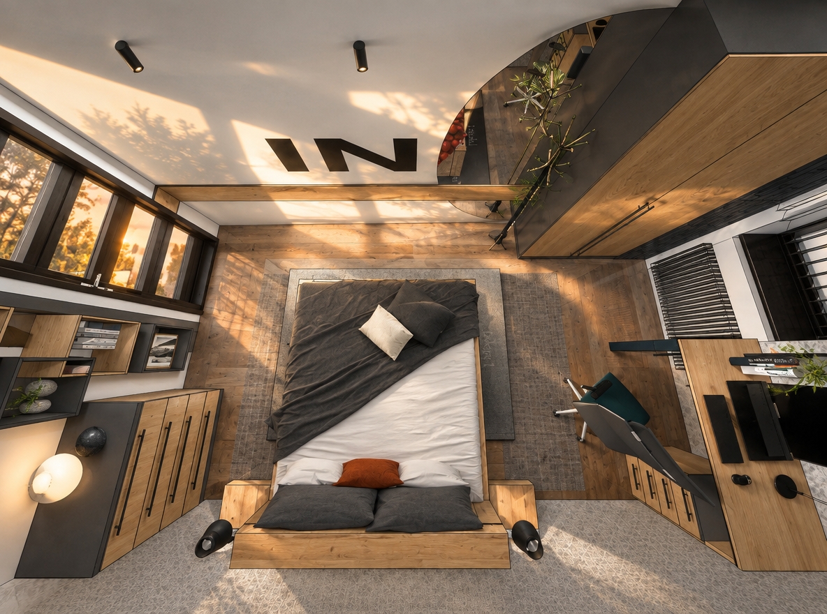 An incredibly lifelike, richly detailed, photorealistic top-down interior shot of a minimalist bedroom set in a peaceful, modern apartment during a warm summer sunset. The scene is illuminated by the soft, honeyed glow of the late afternoon sun, creating a serene, zen-inspired atmosphere. Captured with a 35mm wide-angle lens, the image emphasizes the rich textures of natural oak grain, matte charcoal cabinetry, and the plush, high-thread-count linens.

The bedroom serves as a minimalist haven, where functionality meets elegance. A sleek wooden platform bed sits at the heart of the room, adorned with crisp white and charcoal bedding, while a bold, abstract pattern adds a touch of artistic flair. The space is expertly organized with clutter-free surfaces and streamlined storage solutions in warm wood and matte gray finishes. A neatly arranged workstation occupies one corner, complete with a modern desk and an ergonomic chair, embodying a study-focused productivity zone. The floor, a warm-toned hardwood, is partially covered by a subtle, textured area rug that anchors the room, while carefully placed indoor plants breathe life into the monochromatic palette of whites and soft grays. Every element, from the understated metal fixtures to the curated photography book resting on the desk, contributes to an uncluttered, sophisticated, and tranquil sanctuary.