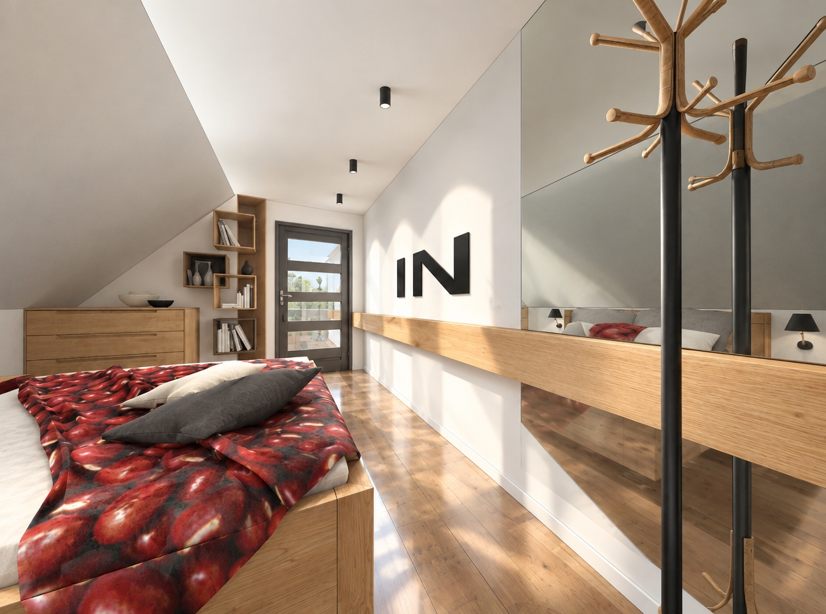 An incredibly lifelike, richly detailed, photorealistic interior shot of a minimalist attic bedroom set in a tranquil, modern home. The scene is illuminated by soft, diffused midday light streaming through the space, creating a serene and zen-inspired atmosphere. Captured with a wide-angle 24mm lens, emphasizing the clean lines of the custom light-oak bed frame and the rich, organic texture of the polished hardwood flooring. The room is a sanctuary of calm, featuring a monochromatic palette of crisp whites, soft grays, and natural wood tones, accented by a striking bean-patterned throw that adds a touch of playful warmth. 

The composition highlights a seamless integration of form and function: a sleek, wall-mounted wooden shelf runs horizontally along the crisp white partition, while a contemporary coat rack stands as a functional sculpture in the foreground. Beside the bed, geometric open shelving displays curated objects and a slim photography book, maintaining a clutter-free, minimalist aesthetic. The sloped ceiling adds architectural character, softened by subtle, recessed track lighting. In the background, a modern glass-paneled door hints at a larger, light-filled home, while the reflection in the oversized, frameless mirror expands the depth of the room, reflecting the minimalist textures and creating a spacious, elegant retreat perfect for quiet contemplation.