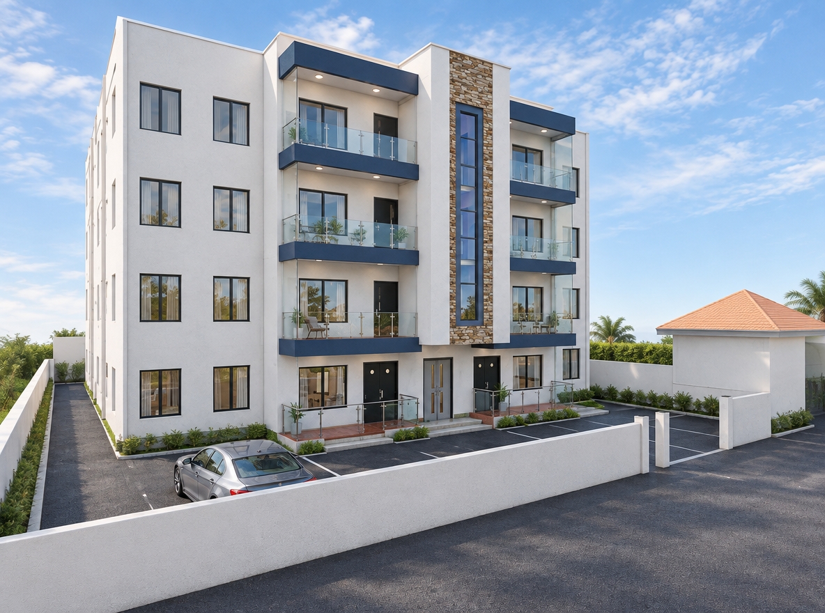 An incredibly lifelike, richly detailed, photorealistic eye-level perspective shot of a contemporary multi-story apartment complex set in a pristine, sun-drenched urban residential neighborhood. The scene is illuminated by the soft, diffused light of a late morning sky with wispy clouds, creating a bright and inviting atmosphere. Captured with a 35mm wide-angle lens, the image emphasizes the building’s crisp, matte white stucco finish, which is punctuated by bold, navy-blue cantilevered balcony fasciae and a striking central vertical column clad in textured, earth-toned natural stone. The ground level features a perfectly manicured, dark charcoal asphalt parking lot that stretches toward the foreground, where a sleek silver sedan is parked, its windshield reflecting the clear blue horizon. The building's modern aesthetic is further highlighted by sharp-edged aluminum window frames and transparent glass railings on the balconies, which catch the gentle glare of the sun. In the background, a small auxiliary building with a warm, peach-hued pyramid roof sits behind a clean-lined perimeter wall, contributing to a sense of tidy, contemporary elegance. The composition utilizes the leading lines of the paved lot to guide the eye toward the inviting entrance alcoves, while subtle soft-focus shadows under the balcony overhangs provide depth, grounding the architecture firmly into the polished, suburban landscape.