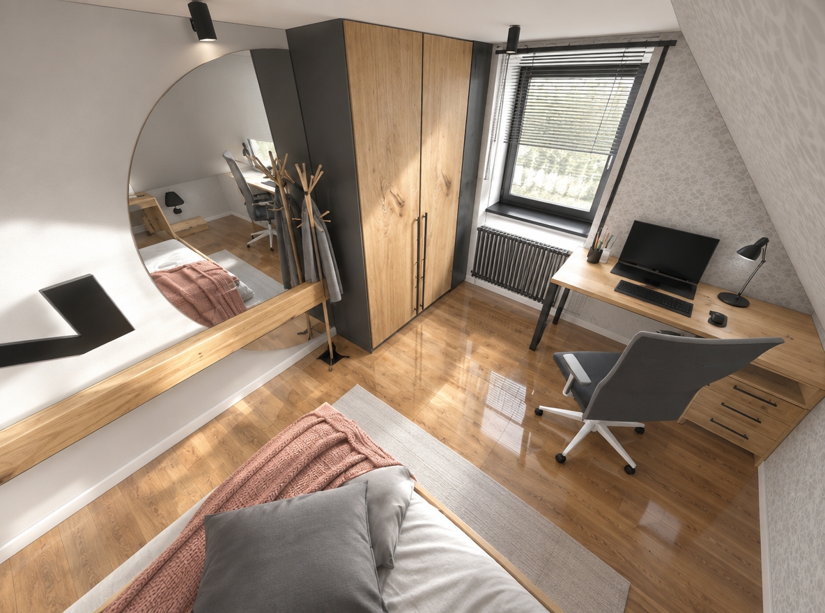 An incredibly lifelike, richly detailed, photorealistic high-angle wide shot of a modern home office set in a serene, attic-style residential environment. The scene is illuminated by soft, natural midday light filtering through a window, creating a crisp, airy, and minimalist atmosphere. Captured with a 24mm wide-angle lens, emphasizing the clean lines of the wooden desk and the high-gloss reflection of the warm oak-toned flooring. 

The room functions as a streamlined, clutter-free haven where functionality meets Zen-inspired elegance. A sleek workstation with a contemporary ergonomic chair sits neatly beneath the window, while a floor-to-ceiling wardrobe featuring rich, natural wood grain provides a warm focal point against the neutral, patterned wallpaper. A large, circular mirror reflects the tranquil bedroom space, doubling the visual depth and creating an expansive, open feel. The room is accented with monochromatic gray tones, subtle soft-pastel touches, and minimal, intentional decor, resulting in an uncluttered, sophisticated retreat perfect for focused productivity.