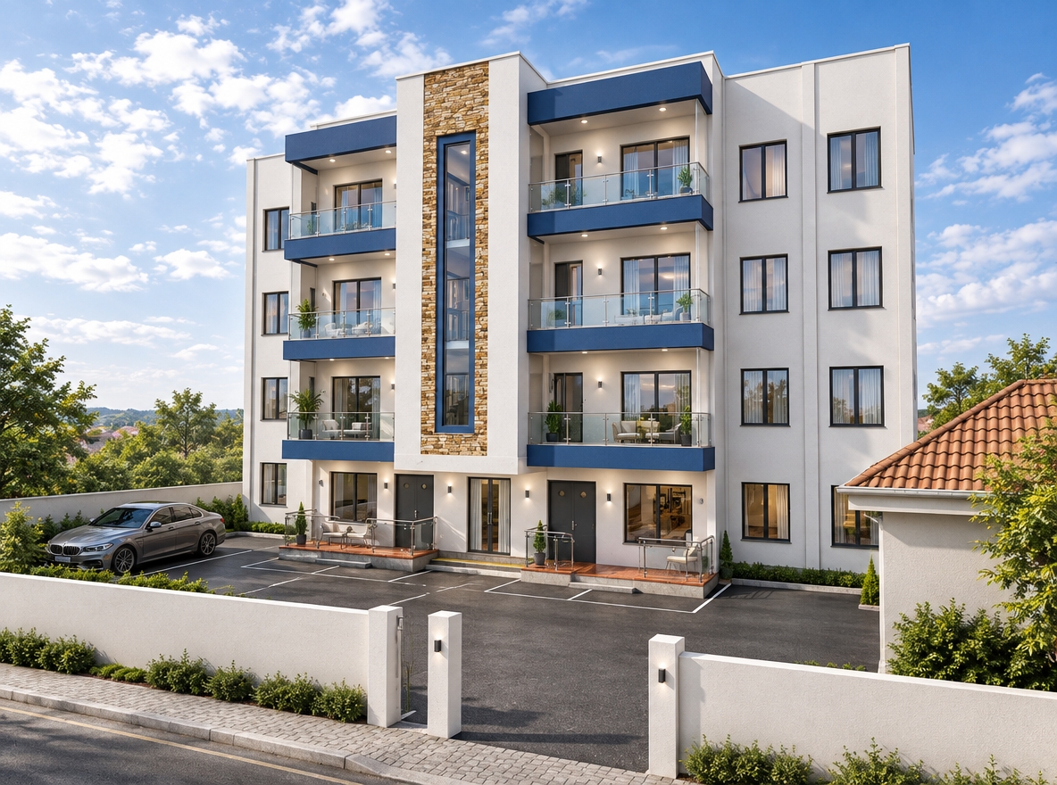 An incredibly lifelike, richly detailed, photorealistic eye-level exterior shot of a contemporary multi-family residential building set in a sun-drenched, suburban neighborhood. The scene is illuminated by the crisp, golden light of mid-afternoon, creating a welcoming and sophisticated atmosphere with soft, natural shadows that define the building's geometric volumes. Captured with a 35mm tilt-shift lens, the composition emphasizes the clean lines of the stark white smooth-stucco facade contrasted against the deep cobalt blue painted accents of the balcony tiers. A striking vertical column of textured, warm-toned natural stone masonry runs up the central axis, framing a recessed glass stairwell that reflects the bright, cloud-dappled sky. The ground level features a meticulously laid asphalt parking lot, neatly organized with space for a sleek, metallic sedan, while modern glass and steel railings line the raised entry porches. The composition strikes a balance between professional architectural rigor and inviting residential comfort, highlighting the sharp edges of the window frames and the refined transition from the patterned paving stones of the drive to the crisp, solid white boundary walls that enclose the property.