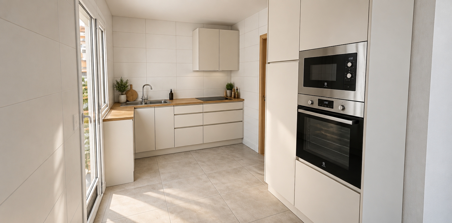 A crisp architectural photograph of this exact kitchen layout captured with a wide-angle interior lens under soft, natural daylight entering from the left glass door. The rendering strictly preserves all structural details while introducing authentic material physics, showcasing smooth matte off-white cabinetry, a realistic wood-grain countertop with gentle tactile sheen, clean white wall tiles with subtle grout depth, and brushed stainless steel appliances showing realistic metallic reflections. Balanced ambient lighting creates natural contact shadows beneath the cabinets, lifelike ceramic floor textures, and clean, photographic clarity throughout.