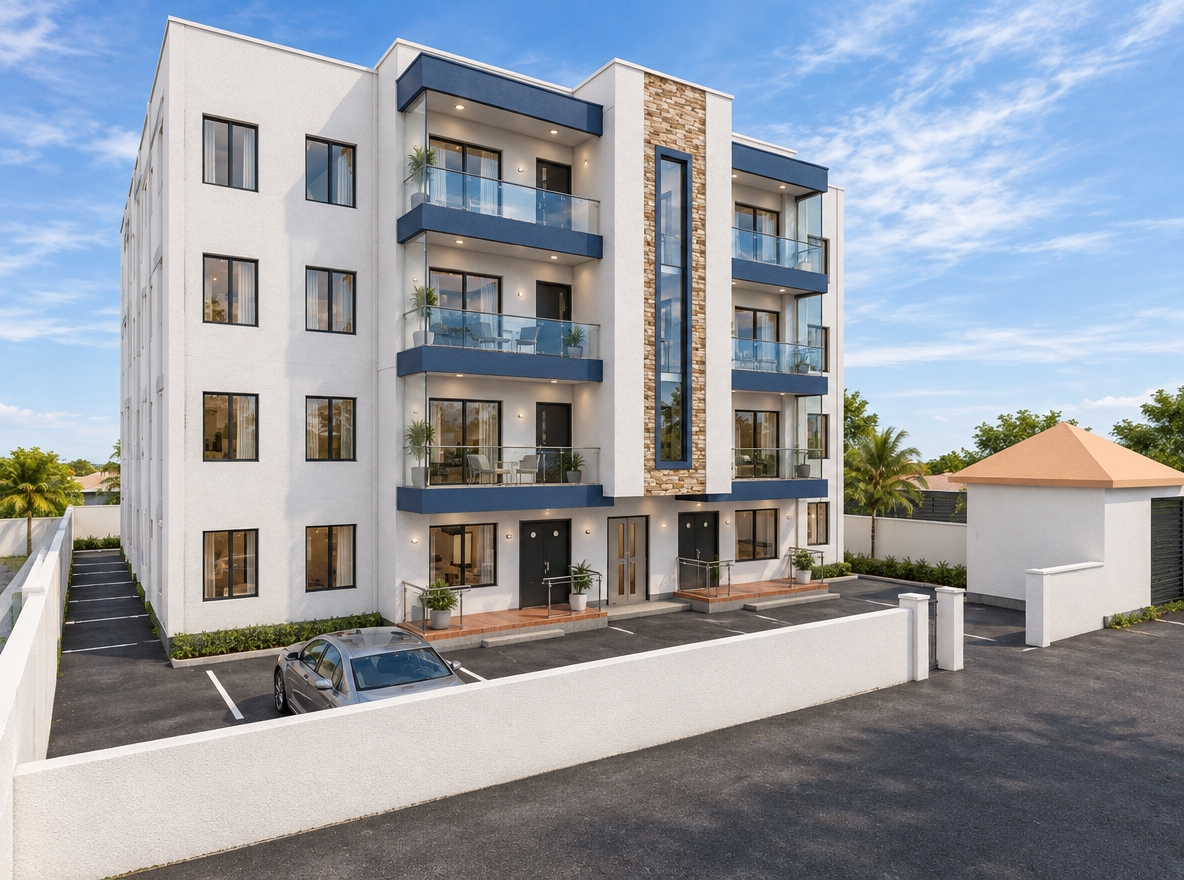 An incredibly lifelike, richly detailed, photorealistic eye-level perspective shot of a contemporary multi-story apartment complex set in a pristine, sun-drenched urban residential neighborhood. The scene is illuminated by the soft, diffused light of a late morning sky with wispy clouds, creating a bright and inviting atmosphere. Captured with a 35mm wide-angle lens, the image emphasizes the building’s crisp, matte white stucco finish, which is punctuated by bold, navy-blue cantilevered balcony fasciae and a striking central vertical column clad in textured, earth-toned natural stone. The ground level features a perfectly manicured, dark charcoal asphalt parking lot that stretches toward the foreground, where a sleek silver sedan is parked, its windshield reflecting the clear blue horizon. The building's modern aesthetic is further highlighted by sharp-edged aluminum window frames and transparent glass railings on the balconies, which catch the gentle glare of the sun. In the background, a small auxiliary building with a warm, peach-hued pyramid roof sits behind a clean-lined perimeter wall, contributing to a sense of tidy, contemporary elegance. The composition utilizes the leading lines of the paved lot to guide the eye toward the inviting entrance alcoves, while subtle soft-focus shadows under the balcony overhangs provide depth, grounding the architecture firmly into the polished, suburban landscape.