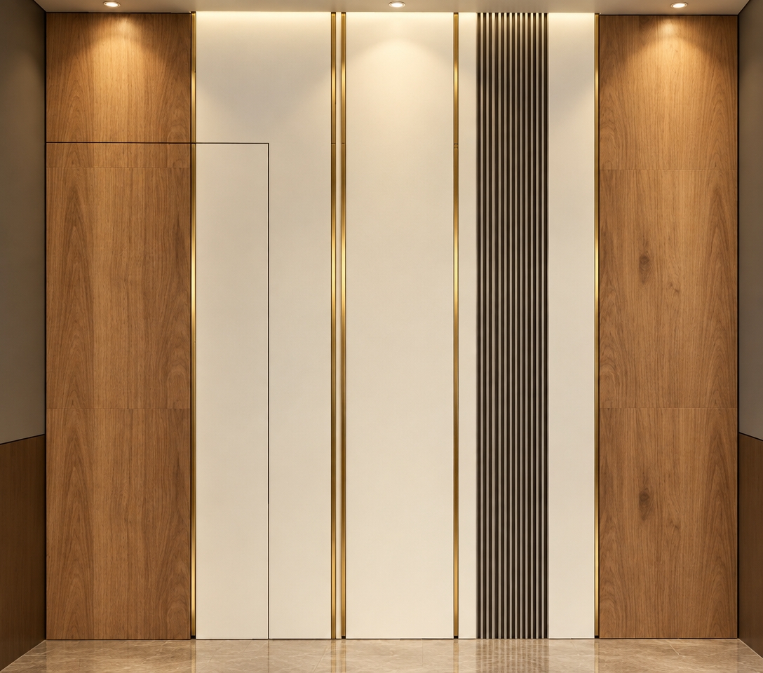 Straight-on architectural photograph of the interior feature wall, maintaining the exact geometry, materials, and composition. Warm artificial downlighting gently washes the smooth off-white panels, accentuating the tactile grain on the warm wood side panels and producing soft specular highlights along the slender brushed brass trims. The black vertical fluted slats create crisp, rhythmic micro-shadows, while the subtle seam of the flush door integrates cleanly into the wall. Captured with a neutral architectural lens at a warm color temperature, featuring balanced ambient light, fine surface textures, and natural photographic realism.
