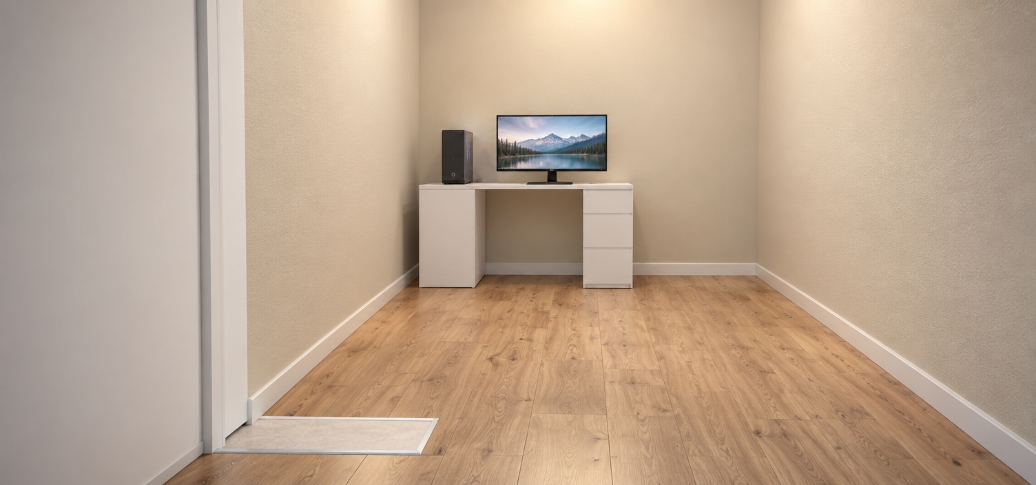 Clean interior photograph capturing the exact room geometry, warm beige walls, and natural wood plank flooring from the original perspective. Against the back wall, the minimalist white desk features a smooth matte finish, hosting only a single computer monitor centered on the desktop and a PC tower standing on the left. Soft, realistic ambient lighting casts gentle contact shadows, highlighting authentic material textures, crisp edges, and natural depth with clean photographic sharpness and faint lens vignetting.