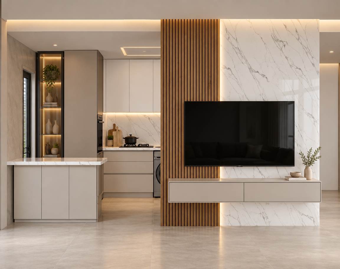 A straight-on interior photograph capturing this modern living and kitchen area with balanced architectural lighting. The feature wall combines natural oak wood slats with a smooth, semi-gloss pure white panel enhanced by warm hidden LED strip lighting, anchored by a light greige floating console below. In the kitchen, medium greige and semi-matte white cabinetry complement white marble surfaces with soft grey veining, alongside interior-lit smoked glass shelving and light ceramic flooring. Shot on a sharp 35mm architectural lens, the scene exhibits realistic surface reflections, natural depth of field, and soft ambient exposure without digital harshness.