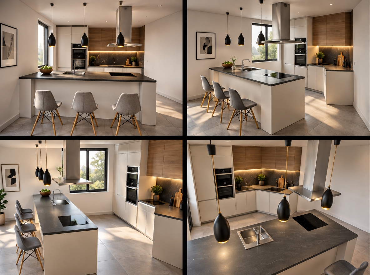 The photo displays a series of four stylized renderings of a **modern fusion** kitchen, presented with bold black outlines and a clean, almost graphic aesthetic that highlights the architectural design. The central feature is a substantial kitchen island with a dark charcoal-grey countertop, seamlessly integrating both a sleek stainless steel sink with a minimalist faucet and a black induction cooktop, emphasizing its multi-functional role as a workspace and breakfast bar. Complementing this, several contemporary bar stools feature ergonomic white molded seats atop striking golden, Eames-style wire bases, adding a subtle touch of mid-century design. Overhead, a trio of elongated, matte black pendant lights with golden suspensions provides focused, warm illumination to the island. The main kitchen wall boasts extensive, handleless white cabinetry, maintaining a sleek and uncluttered appearance, with a prominently integrated stainless steel oven and a crisp, angular range hood contributing to the high-tech, functional aesthetic. A single, bright blue-paned window framed in golden yellow introduces a vibrant accent, contrasting with the predominantly neutral palette of white walls and light grey finishes. Subtle hints of muted brown or taupe are visible in some lower cabinet sections, providing a grounding, natural element that bridges the gap between stark modernism and a warmer, inviting atmosphere, thus defining the "modern fusion" style through its blend of minimalist design, functional technology, and select inviting accents.