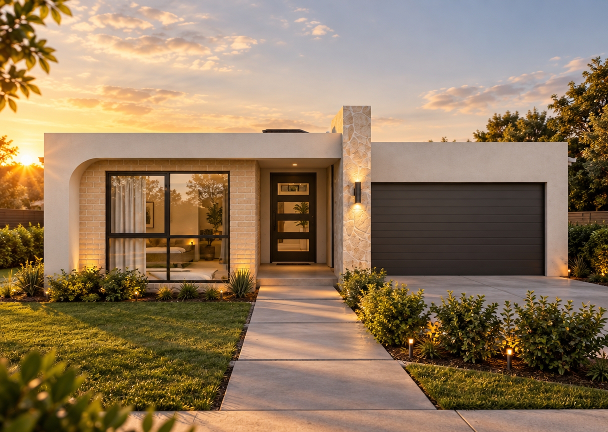 A crisp eye-level architectural photograph of the modern single-story home captured in the warm golden glow of a summer sunset. The low-angled sun casts long, soft shadows and bathes the white stucco, brick facade, and stone accent pillar in rich amber light. The concrete pathway, dark garage door, and glass window panels feature realistic physical textures, subtle surface imperfections, and authentic atmospheric reflections, framed with natural contrast and delicate 35mm lens warmth.