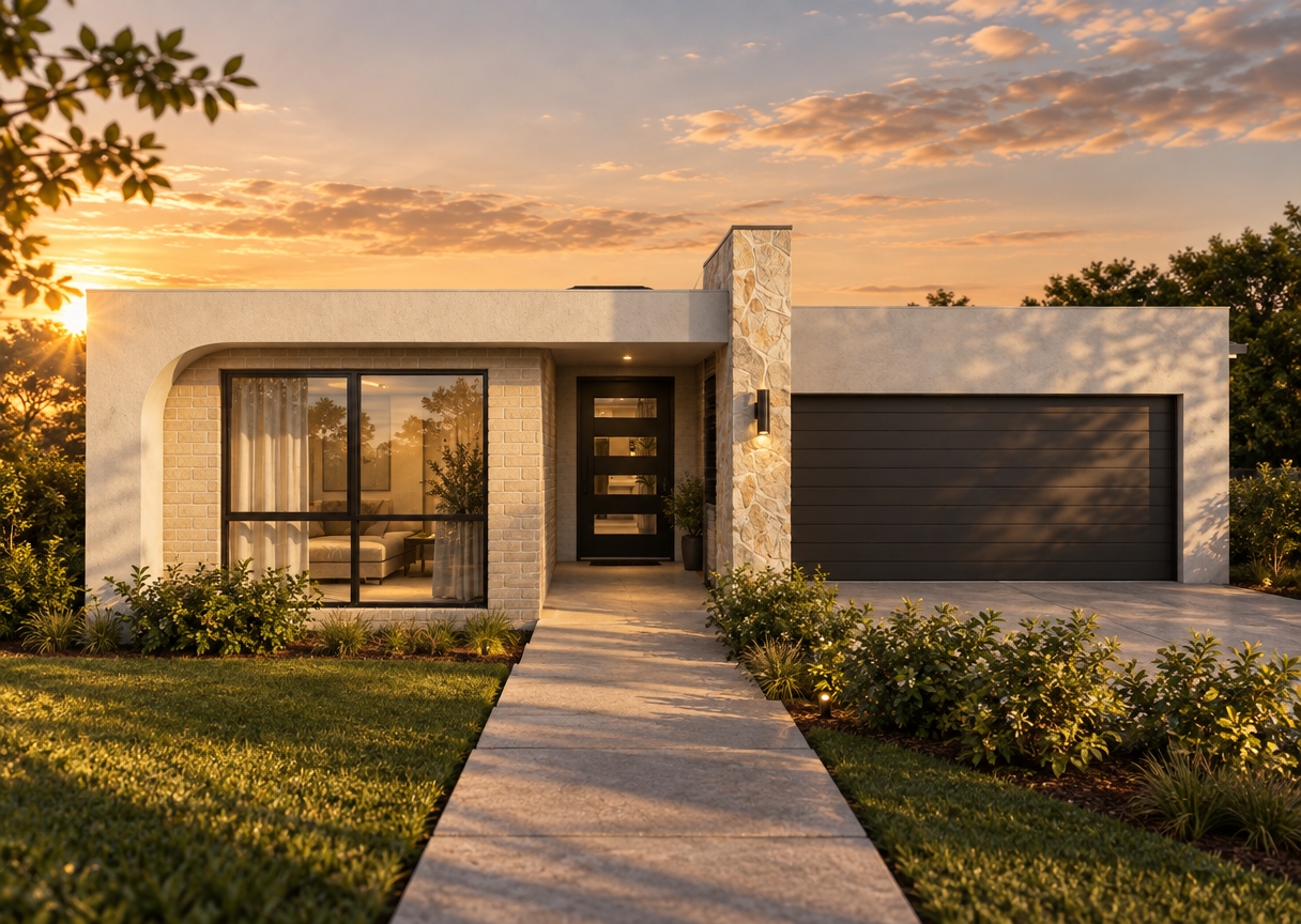 An architectural photograph of this modern single-story residence bathed in the warm, golden hour light of a late summer sunset, maintaining the exact straight-on camera perspective, composition, and architectural structure. The low-angled sunlight casts long, soft-edged shadows across the textured concrete walkway, light brick facade, and dark horizontal garage door, while the stone feature pier catches delicate grazing light. Windows feature realistic outdoor reflections and subtle interior warmth through the glass, while the surrounding grass and bushes display natural organic textures with fine leafy details under the rich, amber sky. Shot on a full-frame DSLR with a 35mm tilt-shift lens, the image shows lifelike material physics, soft surface imperfections, natural color temperature transitions, and subtle film grain.