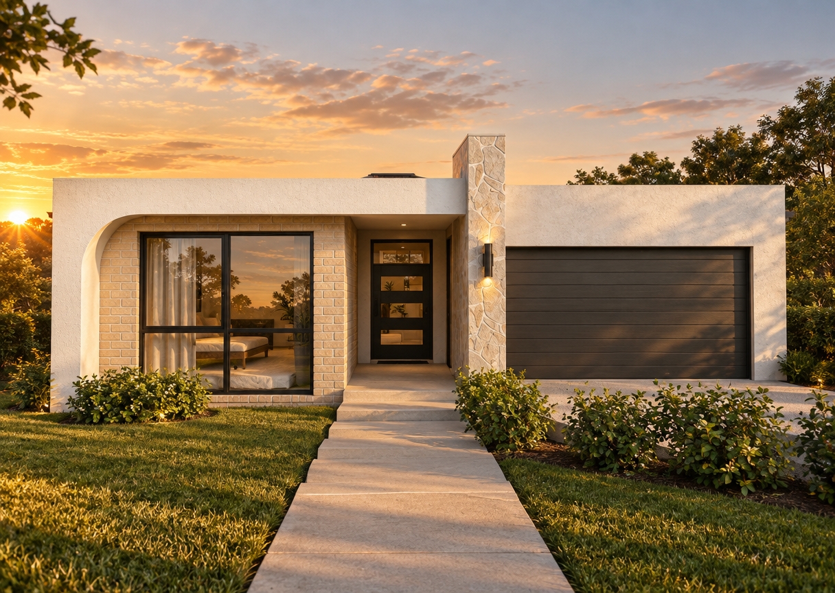 An eye-level architectural photograph of the modern single-story home illuminated by a warm, low-angled summer sunset. Golden light washes across the textured white stucco, pale brick facade, and stone column, casting soft, elongated shadows along the concrete walkway and grassy lawn. The windows and glass entry door show realistic reflections of the dusk sky alongside subtle interior depth, while the horizontal dark garage door reveals a gentle satin finish. The surrounding shrubs and distant trees display rich natural foliage under the golden hour ambiance, captured with sharp focus, realistic dynamic range, and subtle photographic grain while preserving the exact geometry and perspective.