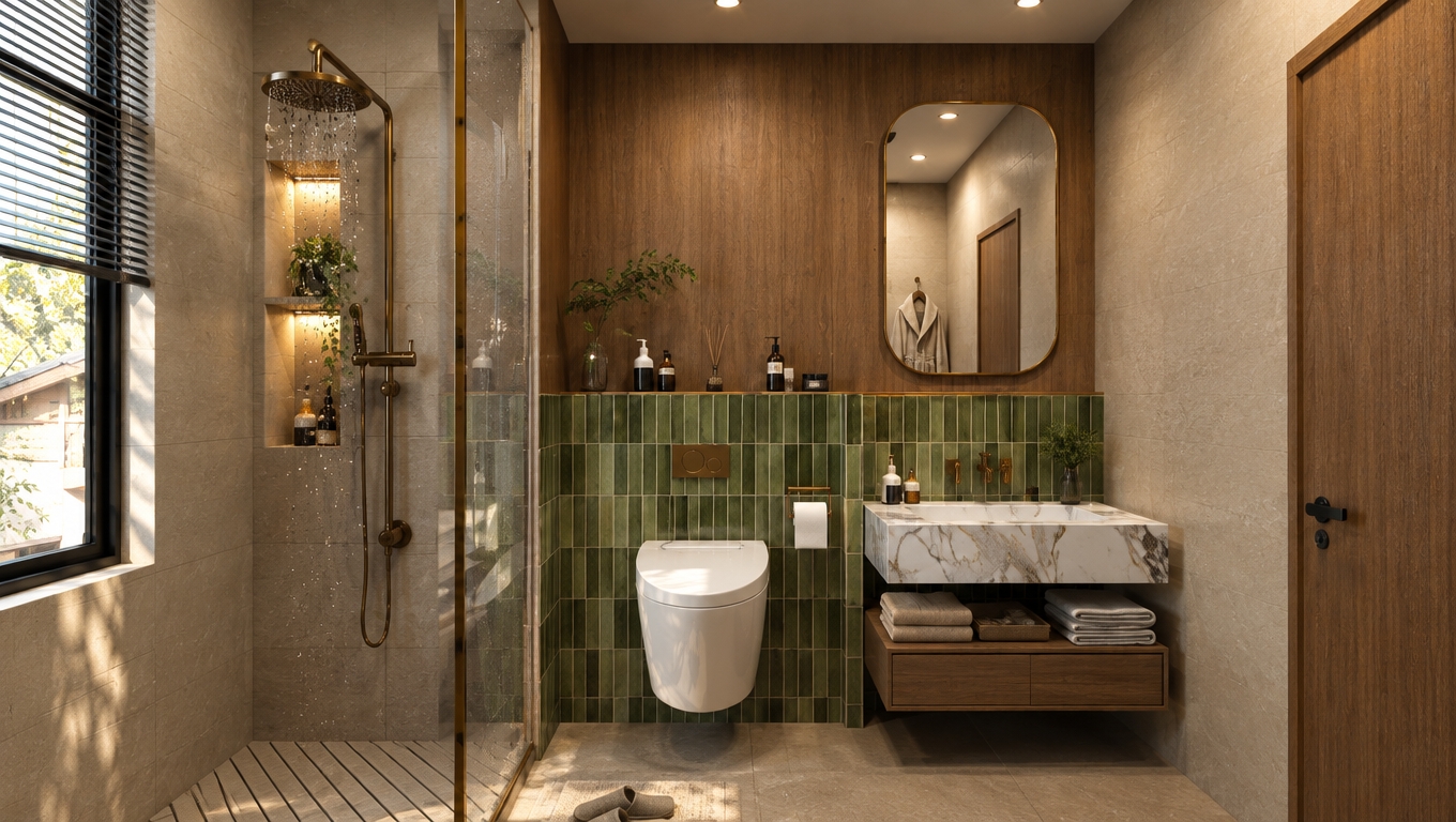 A crisp architectural interior photograph of the modern bathroom, maintaining the exact geometry, perspective, and composition. The scene is illuminated by natural daylight filtering through the side window blended with warm 2700K recessed spotlights and soft niche lighting. All metal fixtures, shower hardware, faucets, and the rounded mirror frame feature an authentic brushed bronze finish with subtle metallic sheen. Surface textures are rendered with tactile realism, highlighting glossy green vertical ceramic tiles, organic veining on the white marble sink, and natural matte wood grain on the cabinetry and wall panels. The clear mirror captures the realistic reflection of a plush bathrobe hanging on the opposite wall. Captured on a professional tilt-shift lens, featuring subtle micro-imperfections, natural specular roll-off, and balanced photographic exposure.