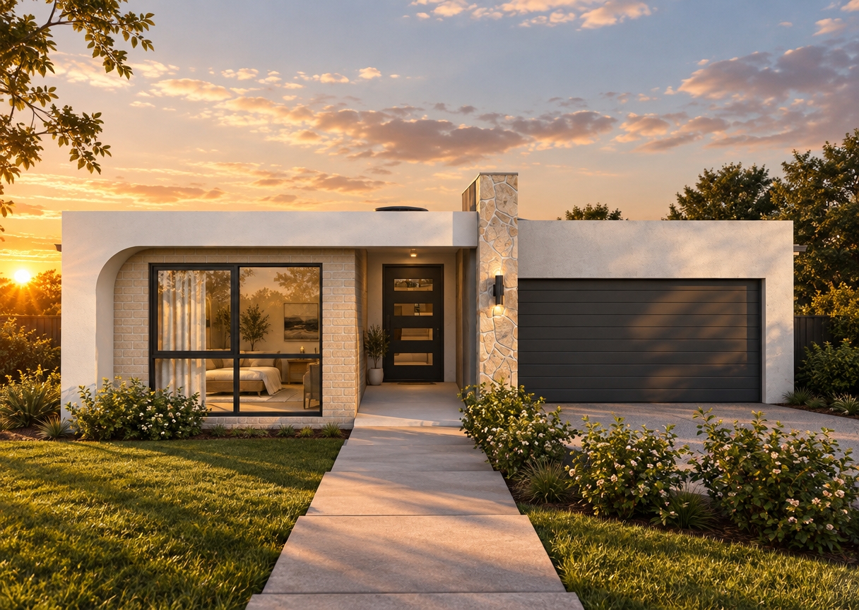 A photorealistic architectural photograph preserving the exact structure and composition, captured during a warm summer sunset with low-angled golden-hour light casting long, soft shadows across the concrete walkway and grass. The scene showcases tangible micro-textures on the light brick facade, smooth white stucco, natural stone accent pillar, and matte horizontal garage door. The window reveals subtle interior warmth with realistic outdoor reflections, while the surrounding lawn and flowering shrubs display natural depth and organic color variation, framed with crisp architectural tilt-shift lens clarity.