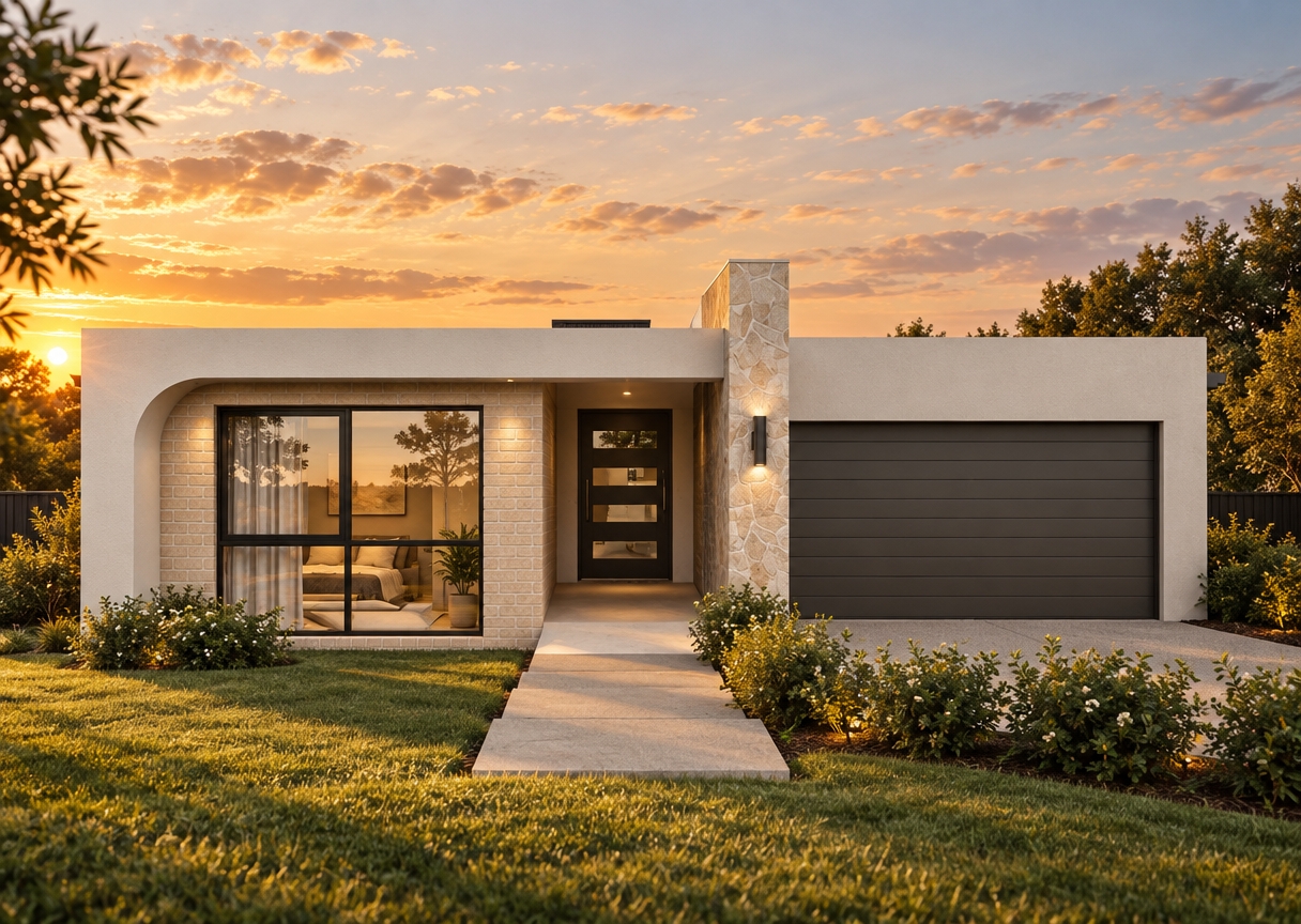 Architectural photograph of the modern home during a summer sunset, illuminated by warm, low-angle golden-hour light casting soft, elongated shadows across the lawn and concrete path. The exact geometry, layout, and composition remain intact while rendering authentic real-world textures: tactile matte stucco on the white facades, varied masonry detail on the brick and stone surfaces, realistic panel seams on the dark garage door, and lush organic variation in the grass and flowering shrubs. Natural sky reflections and soft interior warmth show through the glass, captured with a clean 35mm architectural perspective, balanced dynamic range, and rich warm color grading.