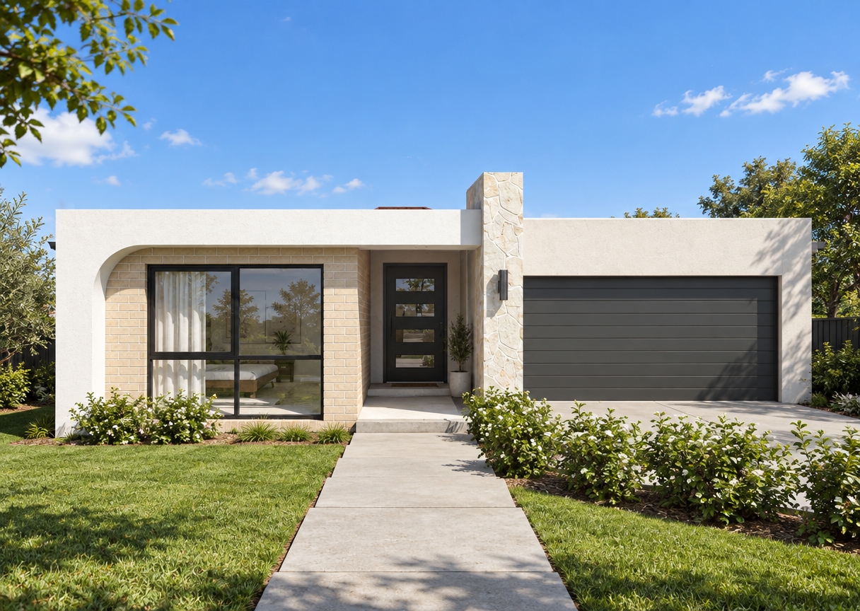 A photorealistic architectural photograph captured on a bright summer midday, preserving the exact geometry, straight-on perspective, and materials of the modern single-story residence. Harsh, high-angle sunlight casts sharp, minimal shadows beneath the flat roof overhang and entrance recess, bathing the light brickwork, white stucco, and textured stone pillar in warm natural light. The dark slatted garage door and window frames feature realistic matte finishes, with crisp sky reflections on the glass. The foreground concrete walkway, lawn, and flowering shrubs are rendered with organic foliage micro-textures and subtle sun highlights, shot with a professional architectural lens under a vibrant, clear summer sky.