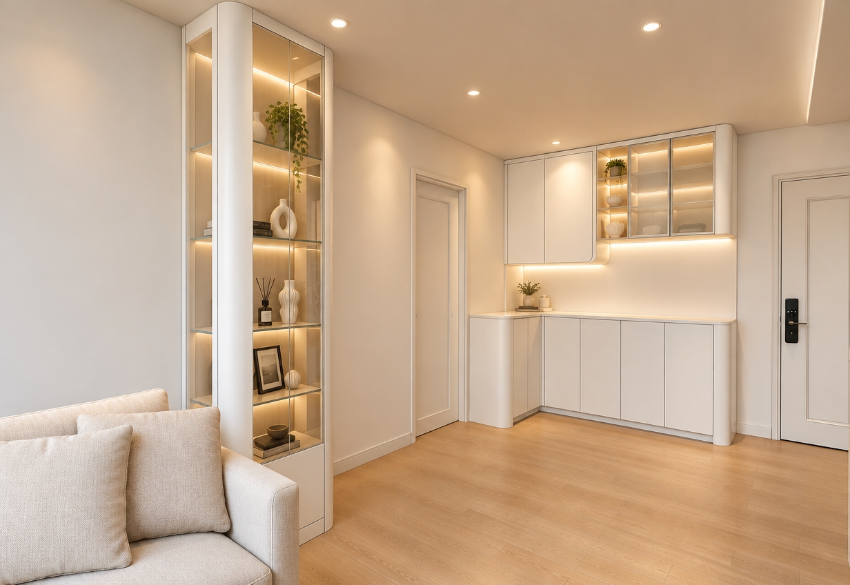 An incredibly lifelike, richly detailed, photorealistic interior shot of a minimalist dining room set in a serene, modern apartment. The scene is illuminated by a warm, inviting 3000K glow from recessed ceiling spotlights and integrated ambient lighting, creating a tranquil and cozy atmosphere. Captured with a 35mm wide-angle lens, emphasizing the crisp white cabinetry and the soft, organic texture of the light oak wood flooring.

The centerpiece is a bespoke, floor-to-ceiling white glass display cabinet featuring softly illuminated 3000K LED strips that cast a gentle light on carefully curated decorative objects. The custom "C-shaped" kitchen cabinetry showcases seamless white joinery, with hidden 3000K LED strips beneath the upper units and integrated within the central open shelving, providing a sophisticated, layered illumination. The minimalist design is characterized by rounded cabinetry corners and clean, handleless lines, while the high-end finishes and soft reflections on the glass surfaces convey a sense of refined luxury. The perspective perfectly frames the flow between the storage zones and the living area, highlighting the harmony of light and shadow in this tranquil, minimalist haven.