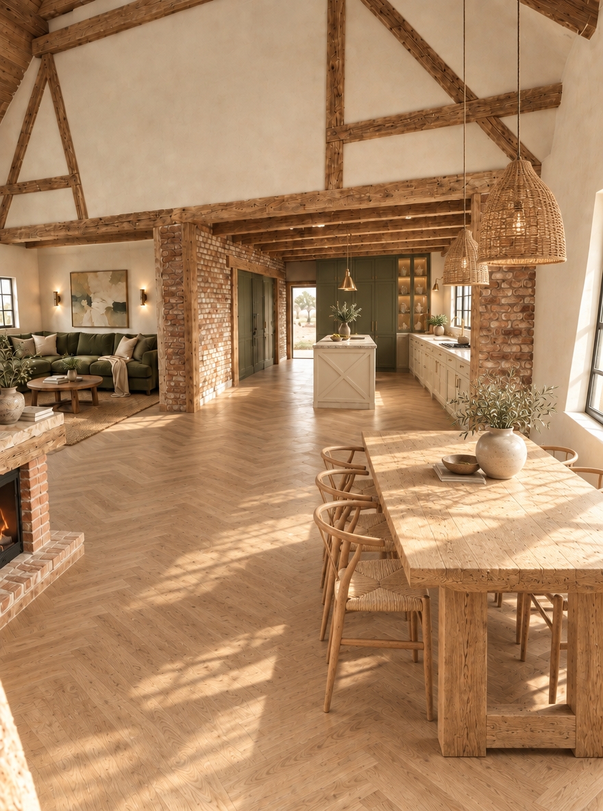 An incredibly lifelike, richly detailed, photorealistic interior shot of an expansive, light-filled desert retreat set in a tranquil arid landscape. The scene is illuminated by the soft, golden glow of midday sun filtering through the windows, creating a serene, warm, and inviting atmosphere that highlights the natural beauty of the space. Captured with a 35mm lens, the rendering emphasizes the seamless transition from the pale, light oak wood tones—now bright and airy across the herringbone floors and the massive, repositioned dining table placed elegantly near the right-hand window—to the sophisticated contrast of the kitchen cabinetry. Above the dining table, two organic rattan pendant lights of varying sizes hang asymmetrically, casting gentle, intricate shadows. The kitchen features custom vanilla-hued lower cabinetry on the right, balanced by a tall, forest-green unit that now integrates a charming, glass-fronted vitrine at the corner, while the central kitchen island is elevated by a refined 'X' motif carved into its side paneling. The textures of the reclaimed brick columns, the tactile plastered walls, and the raw-edged wood create a sophisticated rustic aesthetic, with the deep-set living area further back providing a cozy, layered perspective that draws the eye through the open-plan layout toward the sun-drenched horizon visible through the far doorway.