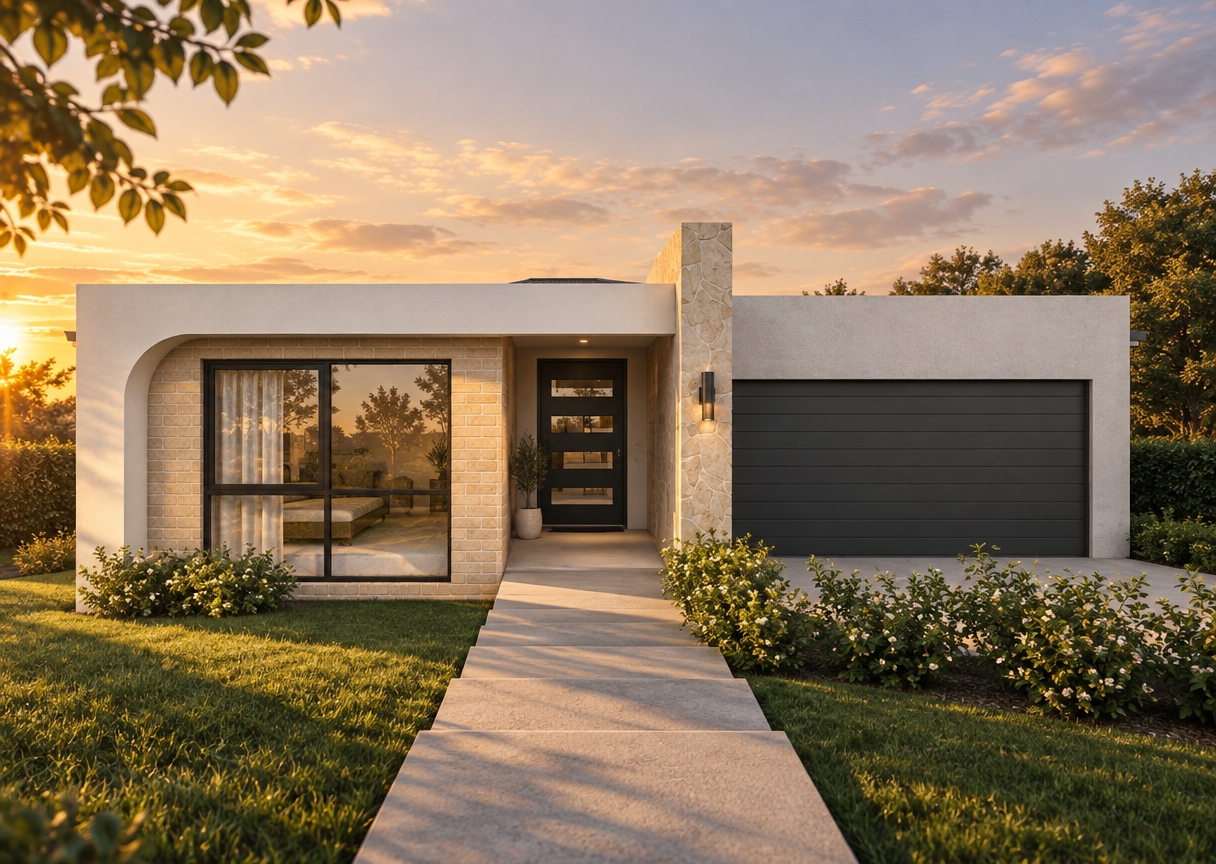 A crisp architectural photograph of the house captured during a warm summer sunset, maintaining the exact geometry, materials, and composition. Low-angled golden sunlight rakes across the white facade, brickwork, and stone pillar, casting soft, elongated shadows onto the concrete steps and green lawn. Realistic micro-textures define the matte surfaces, charcoal garage door, blooming bushes, and window glass with authentic exterior reflections. Captured on a sharp architectural lens with balanced golden-hour color grading, subtle contrast, and natural photographic depth.