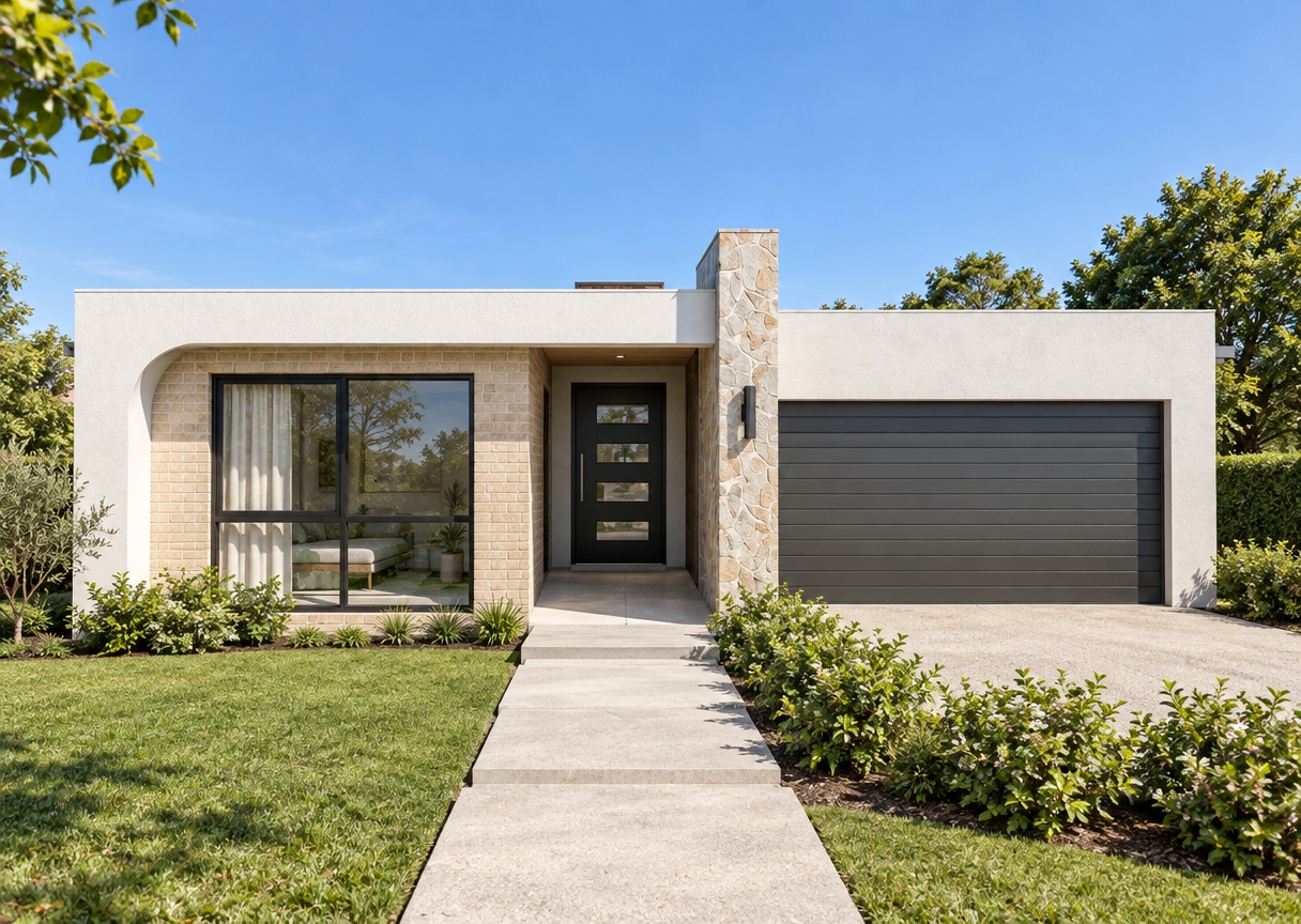 An architectural photograph of the modern single-story home captured in the sharp, bright exposure of a clear summer midday. Harsh overhead sunlight casts crisp, short shadows beneath the cantilevered white roof, window recesses, and garden bushes. Surfaces exhibit tangible realism, showing the fine texture of the white plaster, natural mortar and subtle color variation of the brick facade, rough natural stone on the vertical accent, and faint outdoor reflections in the clean glass panes. The lawn and shrubs feature detailed, organic foliage bathed in warm 5500K sunlight, complemented by distant lush green trees against a clear blue sky, photographed with balanced dynamic range on a professional full-frame lens at f/8.