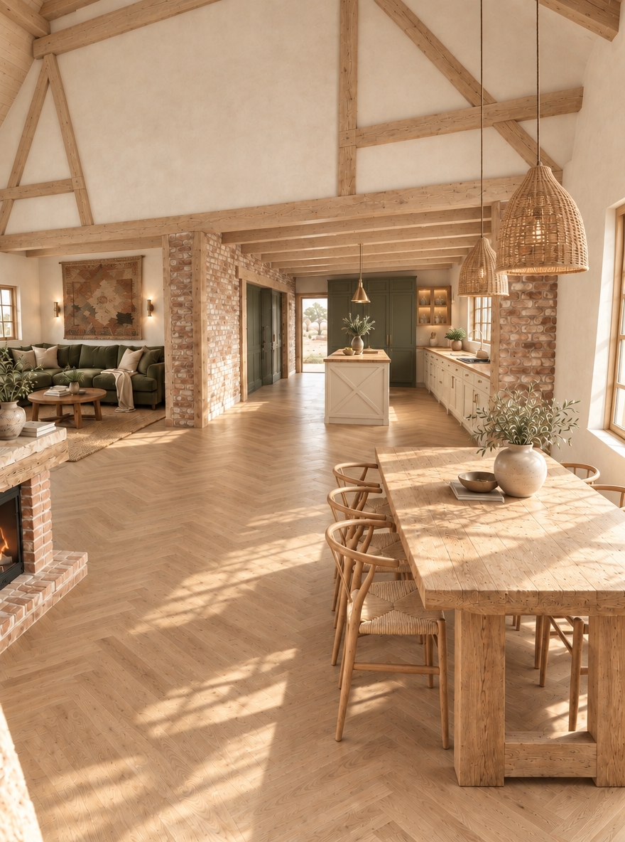 An incredibly lifelike, richly detailed, photorealistic interior shot of an expansive, open-concept desert retreat set in the warm glow of midday. The scene is illuminated by soft, natural sunlight streaming through large windows framed in light-toned, natural wood, creating a serene, airy, and inviting atmosphere. Captured with a professional wide-angle lens, the image highlights the intricate textures of the light, bleached-oak ceiling beams and the creamy, vanilla-toned plaster nestled between them, which extends into the kitchen area to create a seamless, cohesive aesthetic. The kitchen features custom cabinetry in a warm vanilla hue, perfectly balanced by the sophisticated deep-green integrated units, while the rustic, honey-colored wooden countertops add organic warmth throughout the workspace. The previously full-height display cabinet has been elegantly transformed into a half-height, glass-fronted hanging unit perched above a clean, wood-topped sideboard. In the living area, the soaring, expansive wall above the sofa is now adorned with a large-scale, artisanal woven tapestry featuring muted earth tones that ground the lofty architecture. The herringbone oak flooring catches the golden rays, reflecting light toward the substantial farmhouse-style dining table and its classic woven-seat chairs, while the exposed brick pillars and cozy fireplace remain as textural anchors, grounding the airy, modern-rustic design in a sense of timeless craftsmanship.