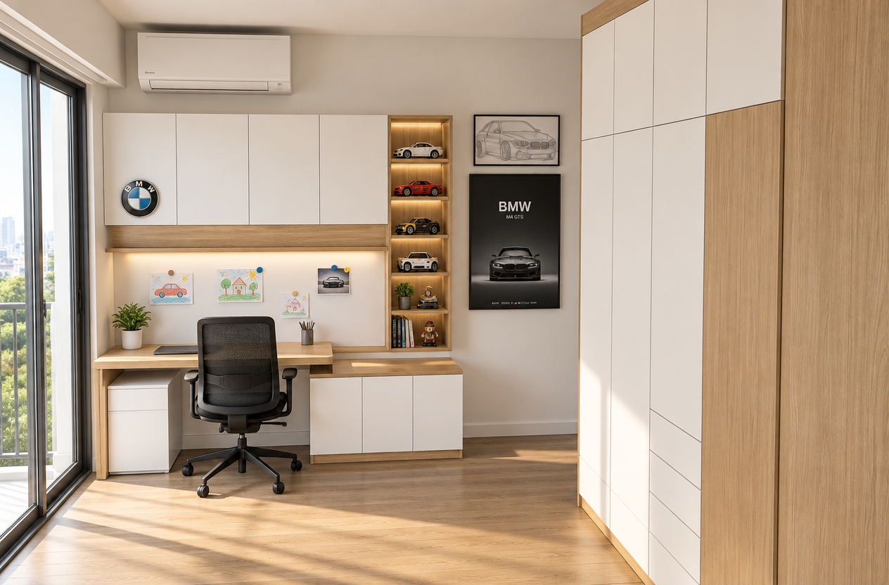 Eye-level architectural photograph of the bright bedroom interior bathed in soft natural daylight streaming through the sliding glass door on the left, casting gentle shadows across a warm oak plank floor. The exact furniture layout features smooth matte white handleless cabinet fronts paired with natural light oak surfaces, an oak-topped study desk resting on a low cabinet, and a black mesh swivel chair. Subtle vertical LED strip lighting warmly grazes the tall open oak shelving display showcasing Lego car models, while integrated under-shelf downlighting softly illuminates the white magnetic board pinned with children's colorful sketches. The wall-mounted rectangular air conditioning unit matches the matte white walls, balanced by high-definition BMW artwork on the wall, realistic material micro-textures, crisp ambient occlusion, and balanced, photorealistic interior lighting.
