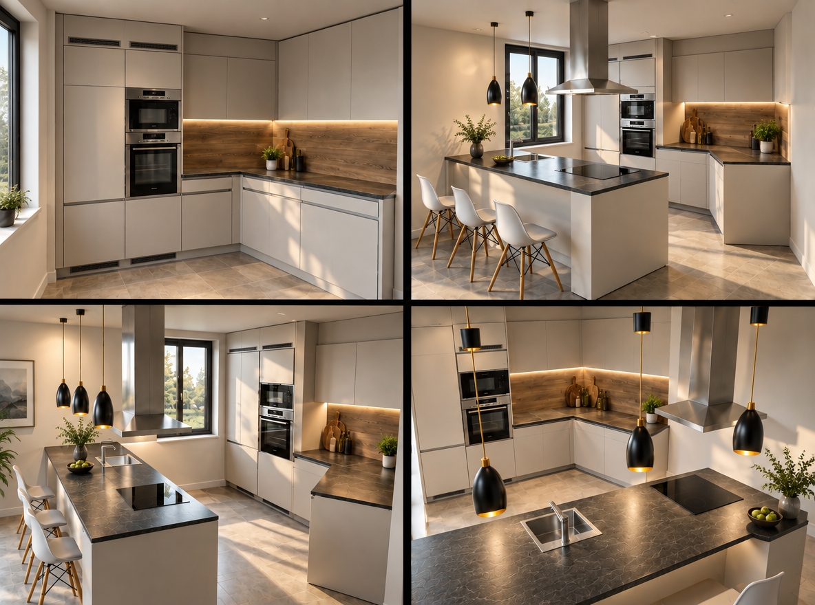 The photo presents a sleek and inviting modern fusion kitchen, masterfully blending contemporary design with elements of natural warmth. The space features an L-shaped layout of minimalist, handleless cabinetry in a sophisticated light greige or beige, providing a clean and uncluttered aesthetic. Contrasting beautifully with these light cabinets are dark, textured countertops, likely a matte charcoal or slate, which extend across both the main counter and a prominent central island. A striking feature is the warm, wood-grain paneling used for the backsplash, illuminated by discrete under-cabinet LED lighting that casts a soft, inviting glow across the workspace.

The island, serving as both a prep area and a casual dining spot, is equipped with an integrated sink and a sleek induction cooktop, elegantly capped by a substantial stainless steel island range hood that doubles as a focal point. Above the island, a trio of modern black pendant lights with delicate gold accents adds a touch of industrial chic, their warm light complementing the under-cabinet glow. Integrated stainless steel appliances, including a microwave and oven, are seamlessly built into the tall cabinetry, maintaining the streamlined look. Large format, light-toned floor tiles ground the space, while a wide window allows ample natural light to flood in, revealing a serene view of lush green trees, hinting at a peaceful, perhaps suburban, setting. The composition across the four views consistently highlights the kitchen's functional layout, clean lines, and the harmonious interplay of cool and warm tones, creating an atmosphere that is both cutting-edge and comfortably elegant.