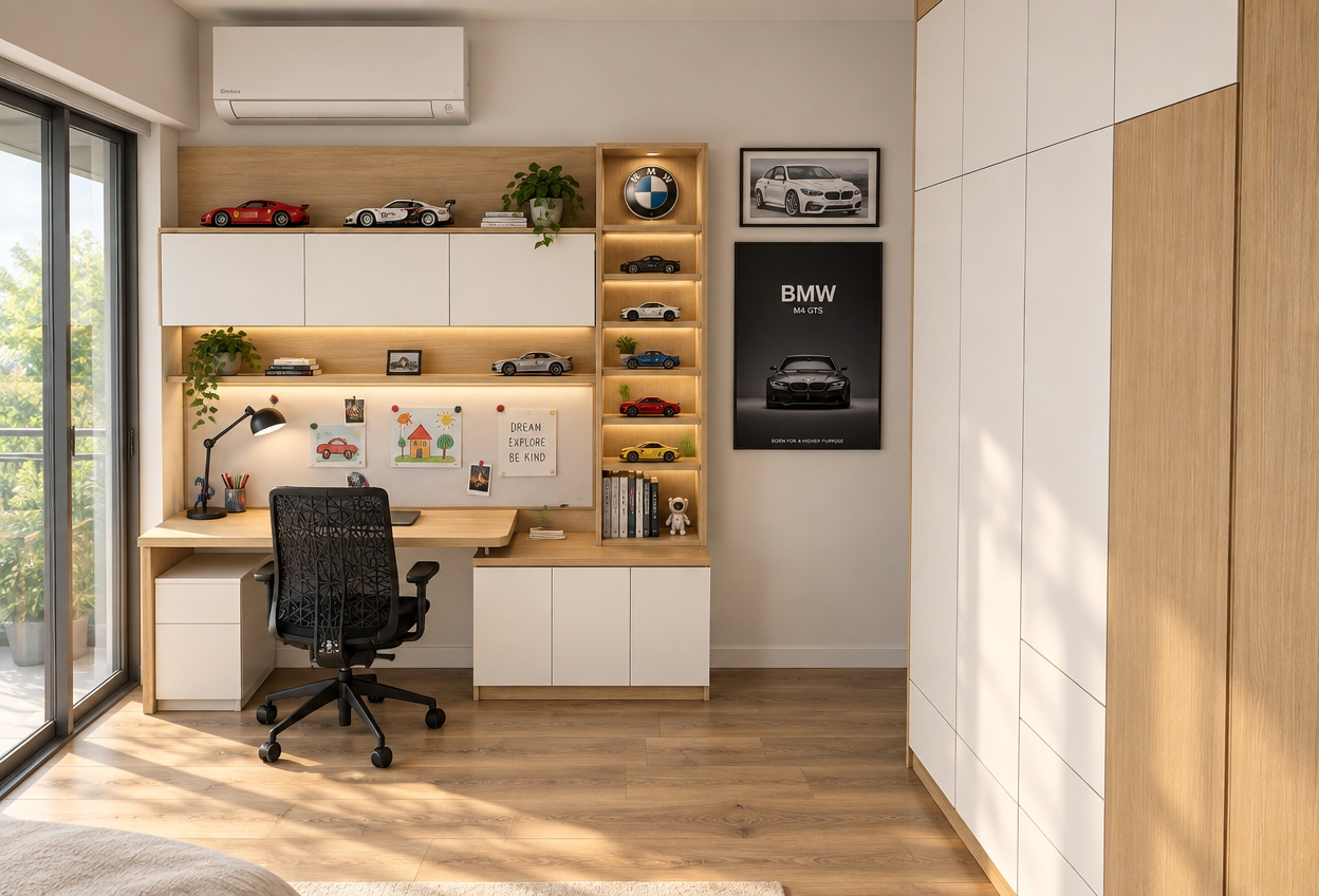 A photorealistic interior photograph of this bright child's bedroom, preserving the exact geometry and layout with clean matte white cabinetry, natural light oak veneer, and an oak wood floor. Soft daylight enters from the left window, blending with warm LED lighting integrated vertically inside the open shelving and beneath the shelf over the magnetic board, which holds colorful children's drawings. Model cars sit on the upper cabinets and shelves, a neat desk lamp rests on the desktop, and a modern white air conditioning unit is mounted near the ceiling. Captured with a 35mm lens at eye level, showcasing authentic material textures, gentle ambient shadows, and balanced, natural exposure.