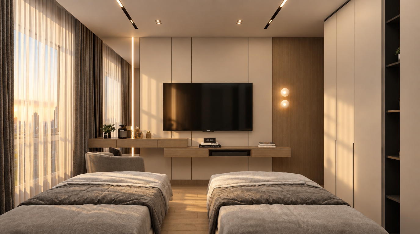 An incredibly lifelike, richly detailed, photorealistic interior shot of a minimalist master bedroom set in a modern high-rise urban residence. The scene is illuminated by a soft, diffused golden hour glow filtered through floor-to-ceiling sheer curtains, creating a serene, zen-inspired atmosphere. Captured with a 35mm wide-angle lens, the composition emphasizes the clean lines of the custom millwork and the harmonious balance of textures.

The room is a masterclass in streamlined elegance, featuring a monochromatic palette of creamy whites, soft charcoal grays, and warm oak wood tones. At the focal point, a sleek, wall-mounted console floats beneath a large, flush-mounted television, accented by a vertical strip of integrated LED lighting that casts a gentle warmth against the matte-paneled feature wall. To the side, a bespoke floor-to-ceiling wardrobe offers a seamless, handle-less silhouette, while a pair of twin beds are draped in tactile, layered linens in muted earth tones. Minimalist decor—a small sculptural indoor plant, a glass-bound photography book, and delicate globe-style wall sconces—rests on surfaces kept intentionally uncluttered, enhancing the feeling of a peaceful, functional sanctuary. The transition from the warm wooden flooring to the matte surfaces is rendered with impeccable precision, evoking a sense of calm, sophisticated luxury.