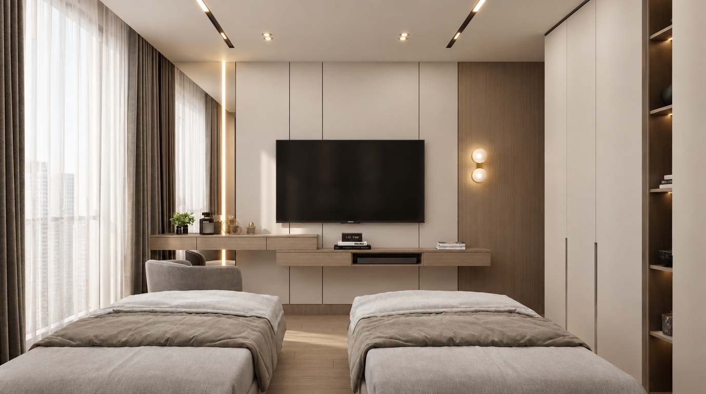 An incredibly lifelike, richly detailed, photorealistic interior shot of a sophisticated contemporary bedroom set in a luxury high-rise apartment. The scene is illuminated by soft, diffused daylight filtering through floor-to-ceiling sheer curtains, complemented by warm, sculptural wall sconces and recessed linear lighting that create a serene, refined atmosphere. Captured with a wide-angle 35mm lens, emphasizing the interplay of textures between the matte pearl-toned wall panels, rich champagne-hued wood veneers, and the tactile, tailored upholstery of the twin beds. 

The composition is impeccably balanced, featuring a floating custom media console and vanity that anchors the space with clean, horizontal lines. Polished stone accents and subtle slim metal trims provide a touch of understated glamour, while curated decor, including a small potted plant and an artful collection of books, breathes life into the minimalist environment. The soft gray and warm white palette creates an airy, cohesive retreat, where the precise alignment of the cabinetry and recessed lighting underscores a commitment to architectural perfection and modern elegance.