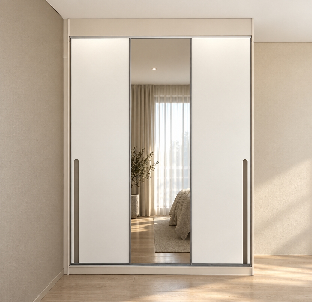 A straight-on architectural photograph capturing the exact built-in wardrobe composition, featuring two satin-finish off-white sliding doors flanking a tall, highly reflective glass mirror door in the center. The outer doors display precisely machined vertical recessed handles casting subtle, natural contact shadows. Diffused, warm daytime interior lighting softly illuminates the scene, catching the micro-texture of the surrounding painted walls and the smooth metallic sliding track below, while realistic ambient reflections play across the central mirror. Shot with a 50mm lens, the image features balanced exposure, sharp focus across all surfaces, and subtle, natural reflections that bring physical realism to the clean modern millwork.