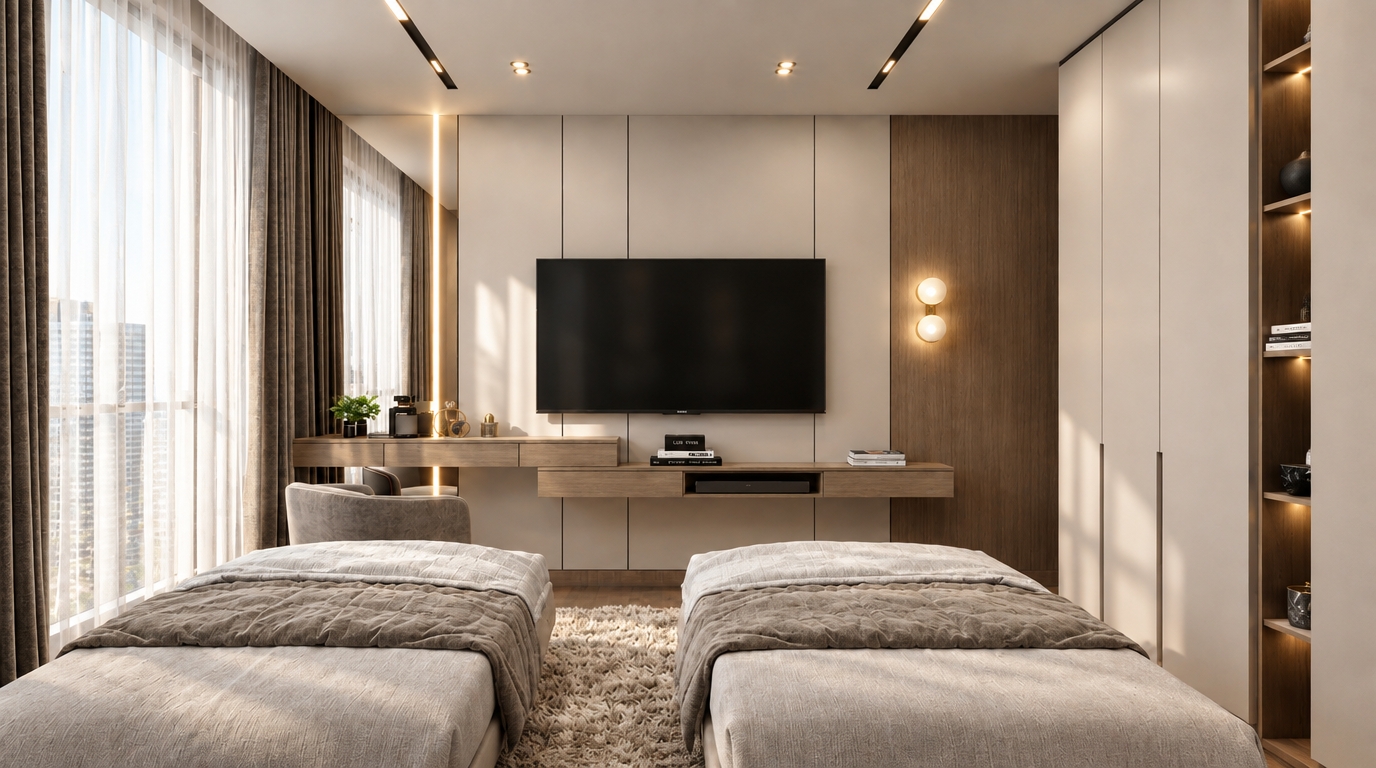 An incredibly lifelike, richly detailed, photorealistic interior shot of a sophisticated modern fusion bedroom set in a high-rise urban environment. The scene is illuminated by soft, natural daylight filtering through floor-to-ceiling sheer curtains, creating a serene, contemporary atmosphere. Captured with a 35mm wide-angle lens, the image emphasizes the seamless integration of clean, geometric lines and a warm, textural material palette.

The room features a striking balance of smooth, matte-white wall paneling and deep, organic wood veneers that provide a refined architectural backdrop. A sleek, modular floating media console stretches across the wall, pairing perfectly with minimalist twin beds draped in layered, neutral-toned textiles. Metallic accents from the dual-orb wall sconce and recessed ceiling tracks add a touch of industrial elegance, while subtle vibrant details—such as the lively green potted plant on the vanity—punctuate the monochromatic color scheme. A deep-pile, textured area rug grounds the space, contrasting against the polished, minimal surfaces. The composition highlights an open-concept flow, with a tall, integrated storage unit featuring backlit open shelving that displays curated art books, bringing an intellectual, curated feel to this high-end urban retreat.
