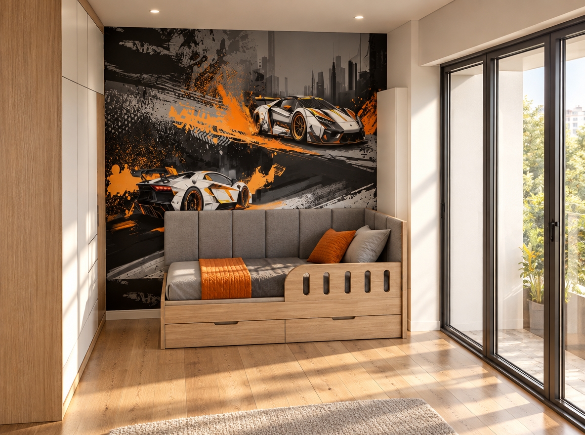 Photorealistic interior photograph of the bright bedroom bathed in gentle, warm sunlight streaming across natural oak plank flooring. The space retains the exact composition, showcasing the black, white, and orange racecar wall mural behind a wood-grain laminate bed fitted with grey fabric-upholstered wall panels and grey and orange bedding. The front guardrail details realistic oblong cut-out slots, flanked on the right by a sleek, handleless white wardrobe. Shot on an architectural wide-angle lens with natural ambient lighting, subtle surface textures, soft cast shadows, and clean photographic realism.
