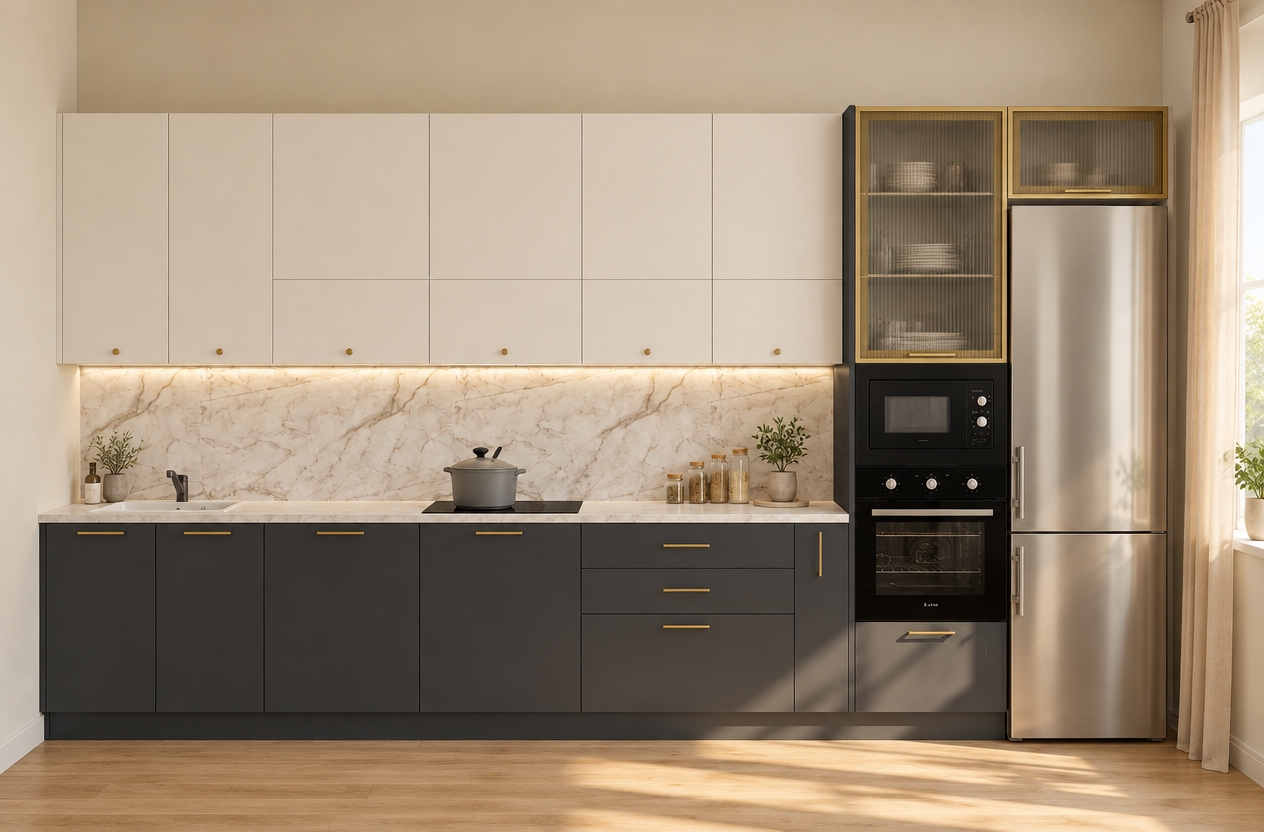A straight-on architectural photograph of the kitchen bathed in soft, warm daylight pouring naturally from the right-hand window. The exact layout, geometry, and composition are strictly preserved, enhanced with tactile, authentic materials: fine veining and a gentle satin sheen on the marble backsplash, smooth matte surfaces on the dark charcoal base cabinets and off-white upper cabinets, and realistic brushed brass accents on the hardware. Natural specular highlights and soft reflections appear on the stainless steel refrigerator and glass appliance fronts, while the light wood floor and countertop show realistic micro-textures. Rendered with balanced warm illumination, natural ambient bounce, gentle falloff shadows, and subtle photographic grain.