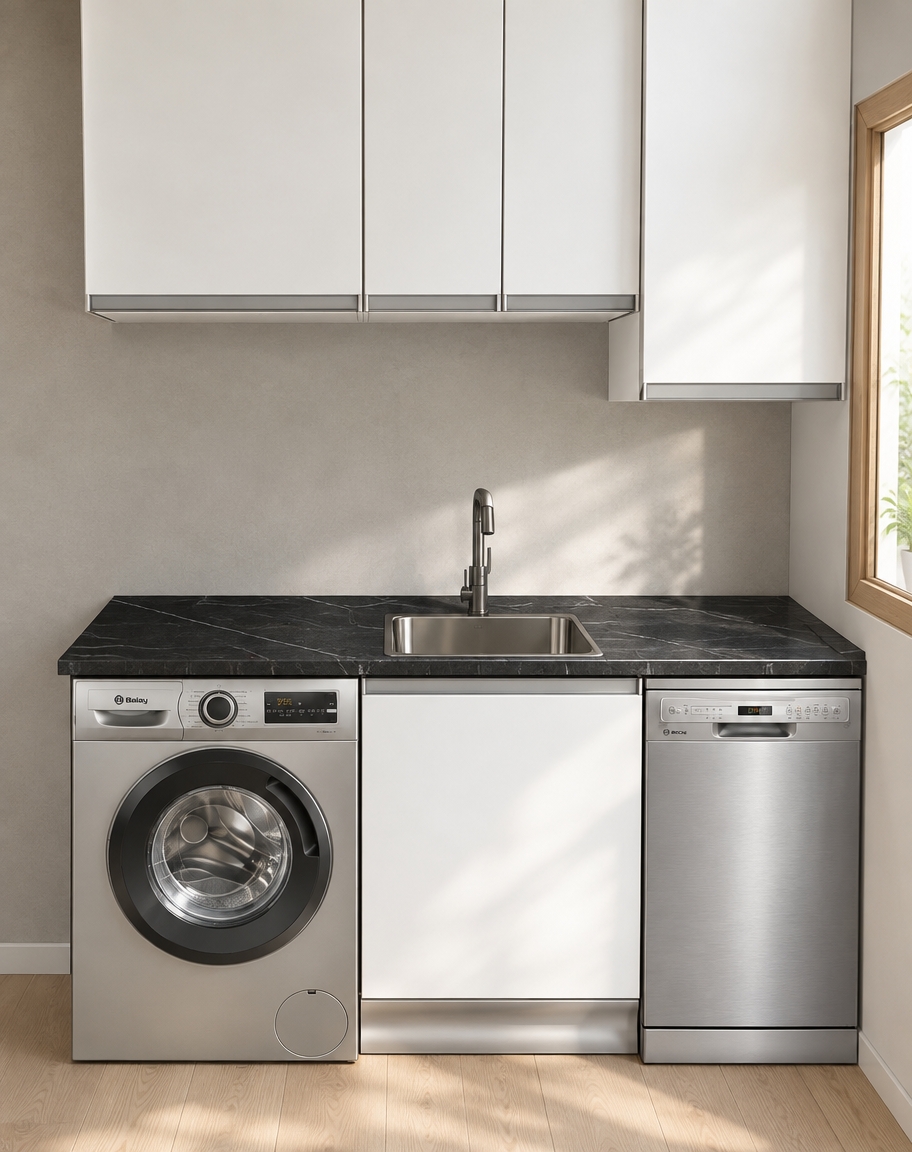 An incredibly lifelike, richly detailed, photorealistic medium shot of a compact, multifunctional kitchen niche set in a serene Scandinavian sanctuary. The scene is illuminated by soft, natural morning light filtering through an adjacent window, creating a clean, airy, and calming atmosphere. Captured with a 35mm lens, emphasizing the crisp contrast between the matte white cabinetry and the striking black marble countertop with its subtle, vein-like detailing.

The composition highlights a seamless integration of utility and aesthetics: a high-end, silver-toned washing machine sits flush beneath the dark stone surface, adjacent to a minimalist under-sink cabinet and a sleek, stainless steel dishwasher. A refined, matte charcoal faucet rises elegantly above a brushed steel sink, grounding the design. The walls are finished in a soft, light gray plaster that enhances the room's minimalist warmth, while the pale, wide-plank oak flooring suggests a cohesive transition into the adjacent dining area, creating a space where modern functionality feels effortlessly curated and tranquil.