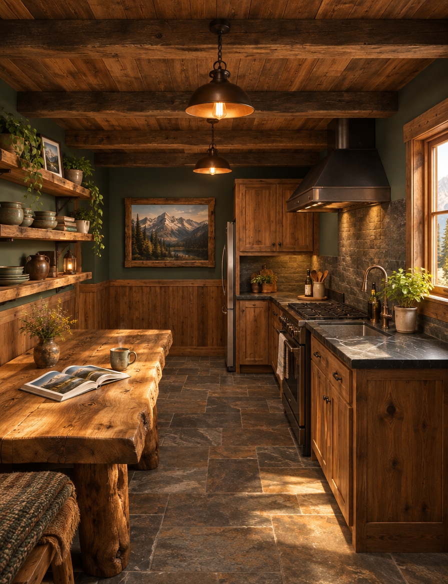 An incredibly lifelike, richly detailed, photorealistic eye-level wide shot of a reimagined kitchen set in a secluded mountain escape nestled among alpine pines. The scene is illuminated by the soft, warm golden glow of late afternoon sun filtering through a wooden-framed window paired with amber-toned wrought-iron pendant lights, creating a deeply cozy, rustic, and inviting atmosphere. Captured with a 35mm f/1.8 lens, emphasizing the rich, rugged textures of exposed timber beams, hand-chiseled slate floor tiles, and rough-sawn wooden surfaces. The previously dated, cramped space is transformed into an alpine-inspired sanctuary enveloped in shades of deep forest green, warm earth browns, and creamy neutral undertones. Custom knotty-pine and dark oak cabinetry are seamlessly integrated alongside a durable soapstone countertop and a hammered copper sink, balanced on the opposite wall by sturdy wooden log furniture, including a thick live-edge dining table. Upon the table rests an open landscape photography book next to a steaming ceramic mug, while open reclaimed-wood floating shelves display mountain-inspired decor, stacked stoneware, and trailing indoor plants. Striking panoramic mountain range wall art framed in weathered timber anchors the far wall, creating a harmonious, comfortable alpine retreat built to human scale and natural warmth.