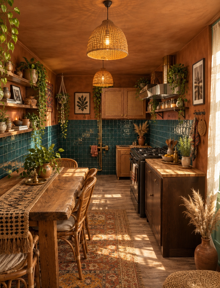 An incredibly lifelike, richly detailed, photorealistic wide-angle interior shot of a transformed kitchen reimagined as a bohemian oasis set in a soulful, eclectic urban sanctuary. The scene is illuminated by gentle late-afternoon golden sunlight filtering through sheer linen curtains, layered with the warm, ambient glow of woven rattan pendant lights, creating an inviting, free-spirited, and deeply cozy atmosphere. Captured with a 24mm f/2.8 prime lens, emphasizing the tactile textures of rough macramé, glazed terracotta, and rich woven textiles. The previously dated, cramped layout is elevated into a layered haven featuring deep teal zellige backsplash tiles against earthy rust-hued walls adorned with intricate tapestry wall art and open reclaimed-wood shelving stacked with artisanal pottery and art photography books. A rustic raw-edge dining table is accompanied by handcrafted rattan chairs, anchored over a vibrant collage of layered Turkish and jute runner rugs in warm mustard, terracotta, and cream tones. Overflowing trailing plants, hanging macramé planters, and tall vases of dried pampas grass breathe organic vitality into every corner, while polished brass fixtures and vintage brass decor curate a harmoniously collected, globally inspired sanctuary.
