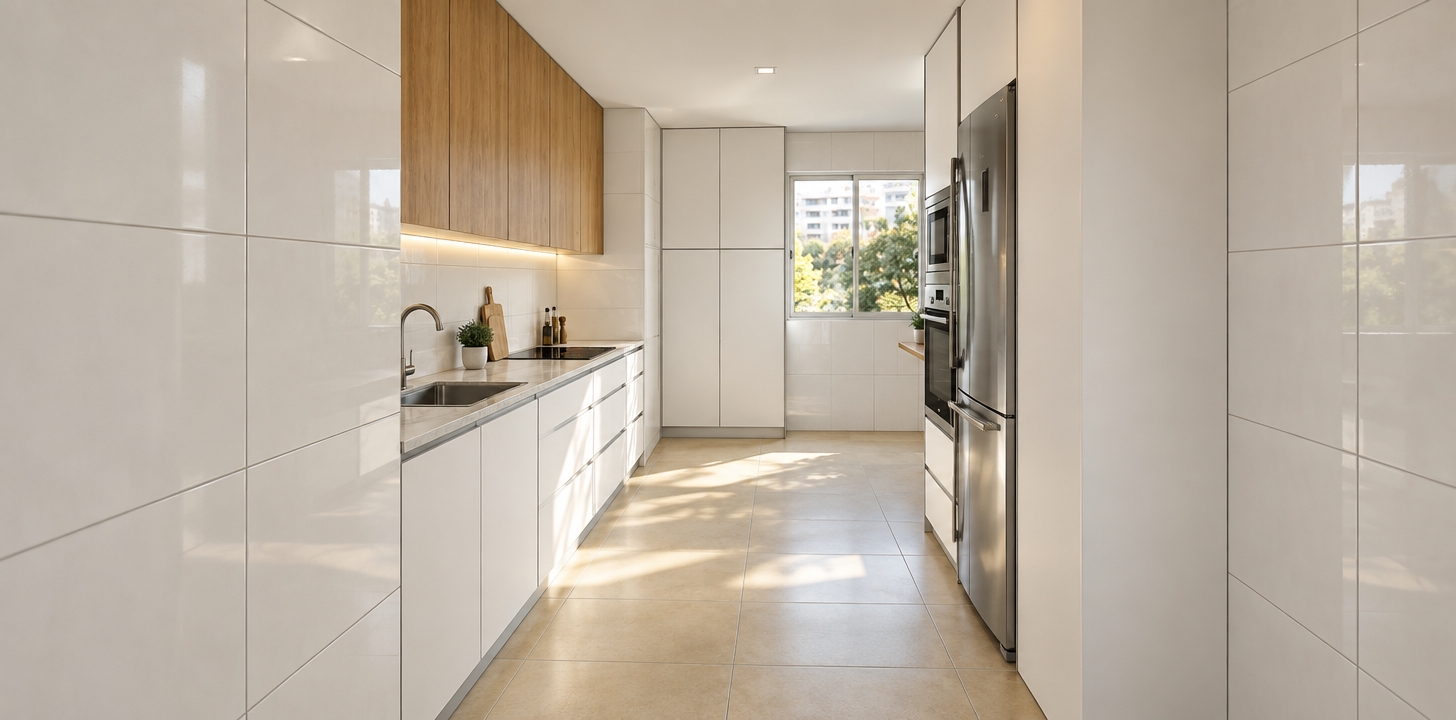 A realistic interior photograph of the kitchen preserving the exact layout, geometry, and materials, with no cabinets or furniture added next to the refrigerator column. Natural daylight streams through the far window, casting soft directional shadows and gentle highlights across the beige ceramic floor tiles and semi-gloss white tiled walls. The upper cabinets feature authentic, tactile vertical wood grain, while the lower cabinets present a smooth matte white finish beneath a softly reflective marble countertop. The stainless steel refrigerator, built-in ovens, and sink exhibit realistic brushed-metal sheens and subtle handling marks. Captured with a sharp wide-angle lens, the scene features balanced indoor exposure, delicate light falloff, and natural surface micro-textures throughout.